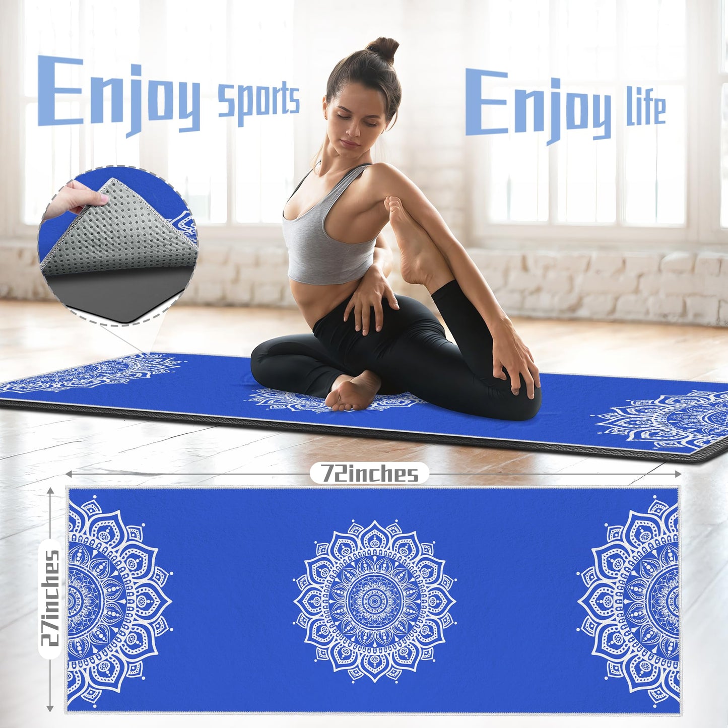 alissgorat Yoga Towel,Absorbent Yoga Mat Towel for Hot Yoga Non Slip,Stylish Prints,Ideal for Workouts,Hot Yoga,Bikram,Pilates Equipment,72 x 27 in,Blue Mandala
