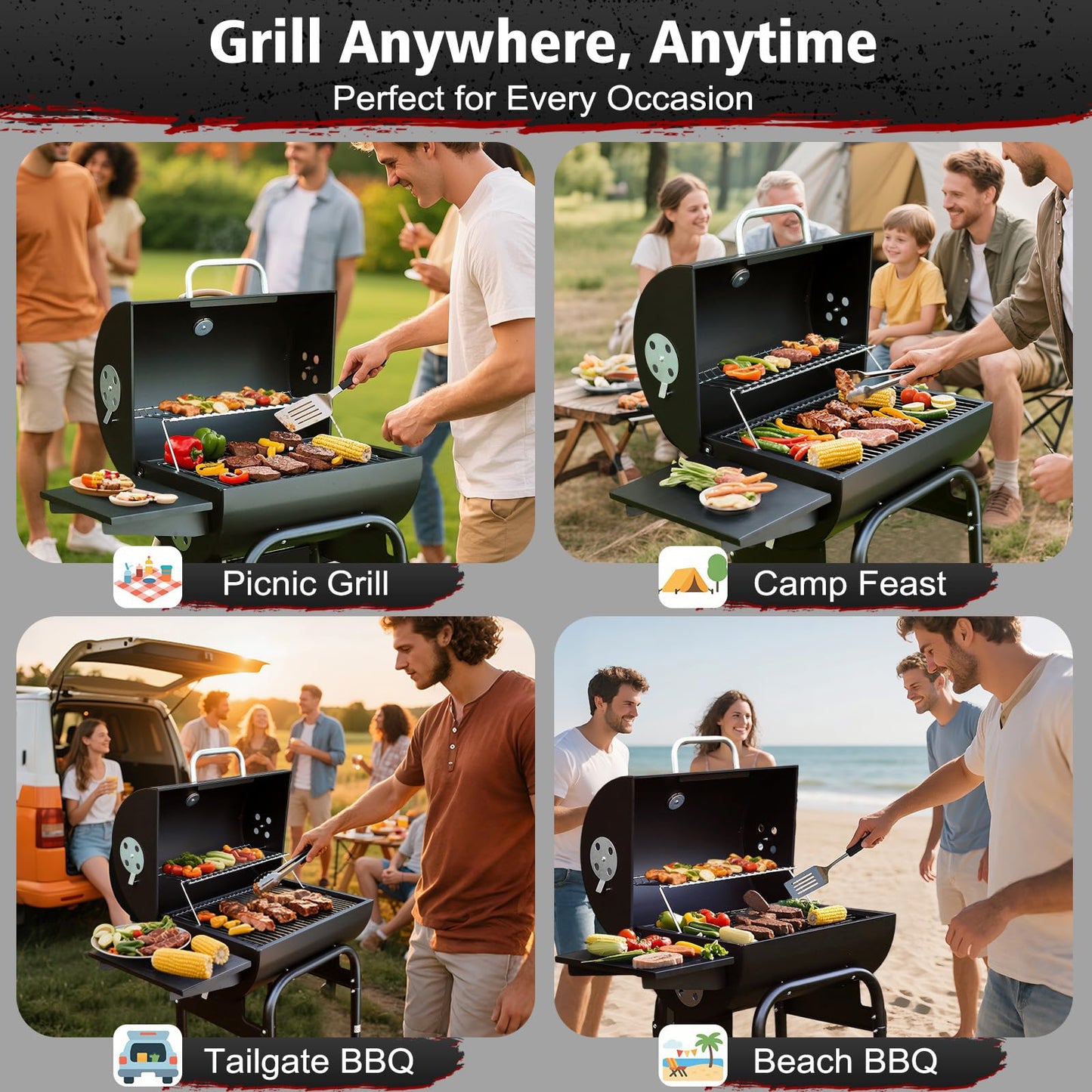 SUNLIFER Barrel Barbecue Charcoal Grill: Premium Spacious Outdoor BBQ Grill with Side Table - Ideal for Patio Cooking Backyard Grilling Camping Picnics Tailgating Parties