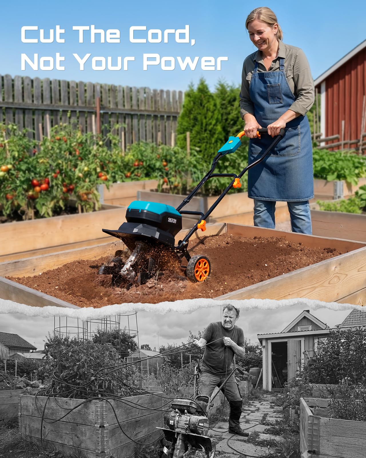 Seesii 40V Cordless Tiller for Gardening, 12" Electric Garden Tiller Cultivator with 2×5.0Ah Batteries & Charger, 8" Depth, Adjustable Handle & Wheel, Heavy Duty Rototiller for Lawn &Soil Cultivation