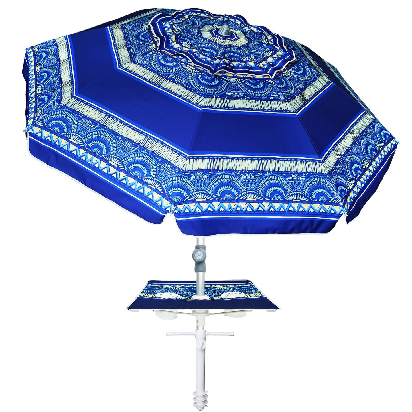 AMMSUN 7ft Heavy Duty High Wind Beach Umbrella with sand anchor, Built-in Table Tray & Tilt Pole, UPF 50+ Windproof Portable Outdoor Umbrellas Carry Bag for Patio Garden Pool Backyard stripe (Haute