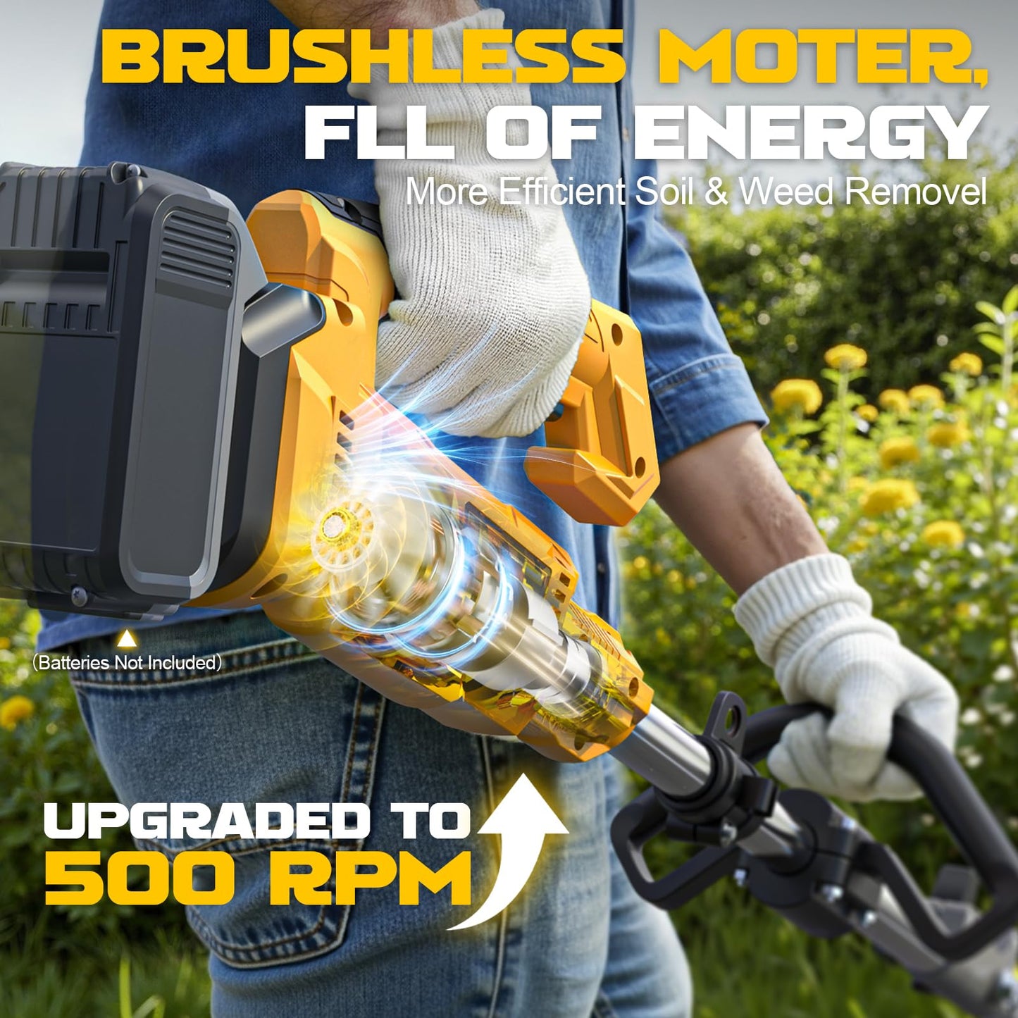 Cordless 2-in-1 Tiller Cultivator & Weed Wacker Compatible with Dewalt 20V Battery (Tool Only), 500RPM Electric Garden Tiller String Trimmer, 9" Tilling Width 9.4" Depth for Soil Lawn Cultivation