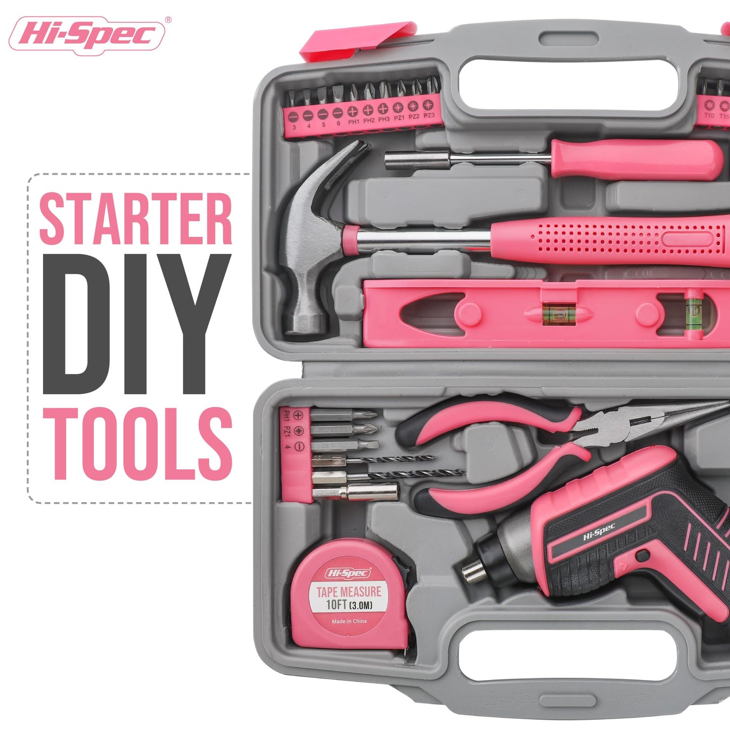 Hi-Spec 35-Piece Tool Kit with 3.6V USB Small Electric Screwdriver Set, Pink Drill Set for Women, Tool Kit for Home
