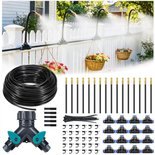 HIRALIY 360° Adjustable Drip Irrigation System 100FT, 1/4" Tubing with Adjustable Copper Nozzles, Automatic Atomizing Watering Kit for Garden, Yard, Lawn, Greenhouse & Potted Plants