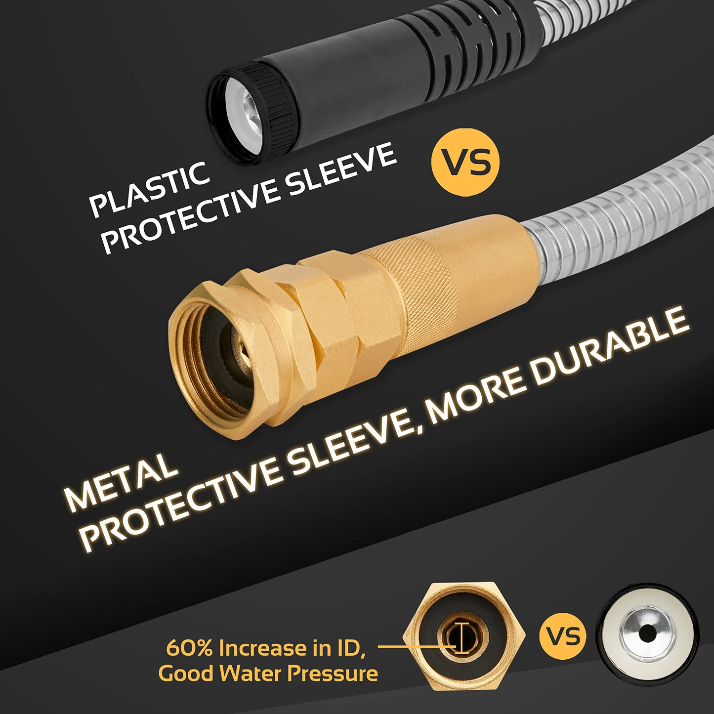 360 GADGET Garden Hose Metal - 50ft Heavy Duty Stainless Steel Water Hose with 8 Function Sprayer & Metal Fittings, Flexible, Lightweight, No Kink, Puncture Proof Hose for Yard, Outdoors, Rv