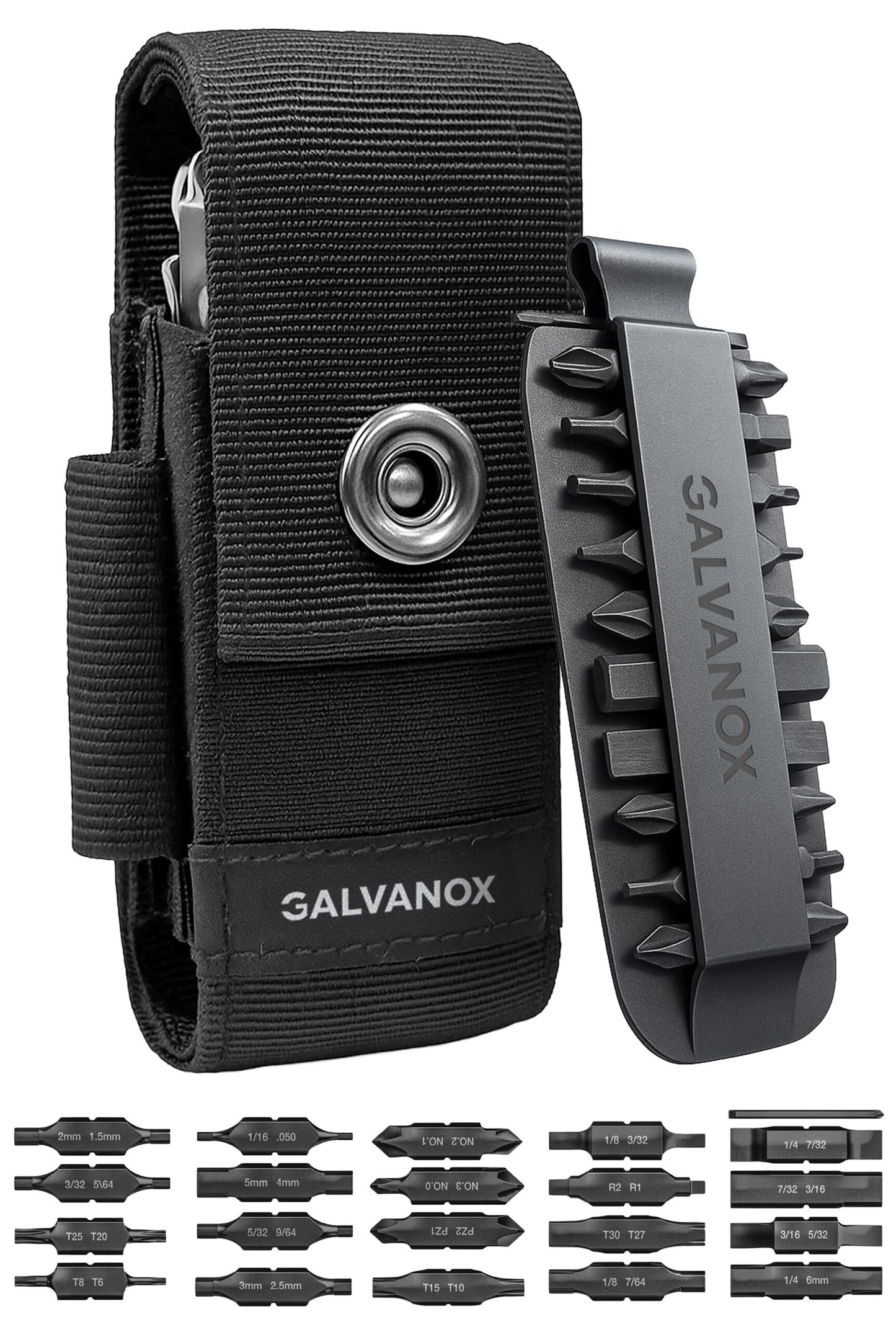 Galvanox Nylon Sheath for Multi-Tools with 21 Flat End Screwdriver Bits and Holder - Case Belt Holster Pouch with Pockets and Bit Set Included, Compatible with Leatherman (4" to 4.5")
