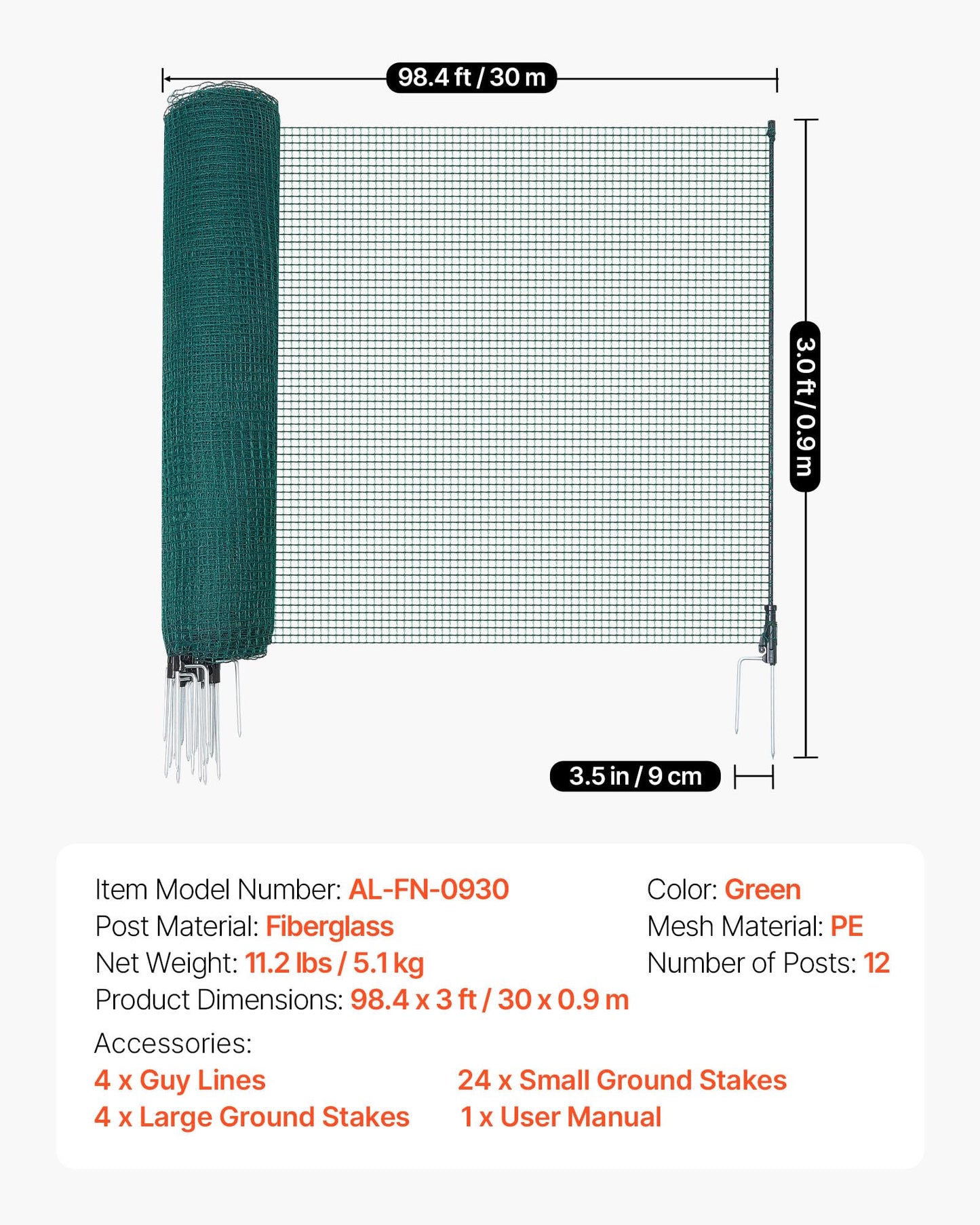 VEVOR Temporary Fence with Posts, 3 x 98.4 FT Plastic Mesh Fencing, Garden Safety Fences Netting with Double-Spike Stakes & Guy Ropes, Temporary Fence for Dogs, Chickens, Plants, Outdoor Yards