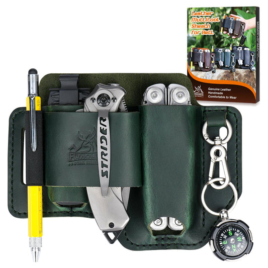FLYHOMES Genuine Leather Multitool Sheath | Handmade Stitched Belt Organizer for Leatherman Surge | Holds Bit Kit & Extender | Flashlight Holster, Pen & EDC Tools Pouch | Dark Green