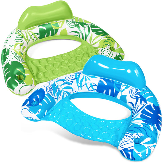 SLOOSH Inflatable Pool Floats Adult,2 Pack Pool Chairs with Cup Holders,X-Large Blow up Floats Chair,Hammock Noodle Mat Leaves Design for Relaxing Summer Water Fun Swimming Party Beach,Blue,Green