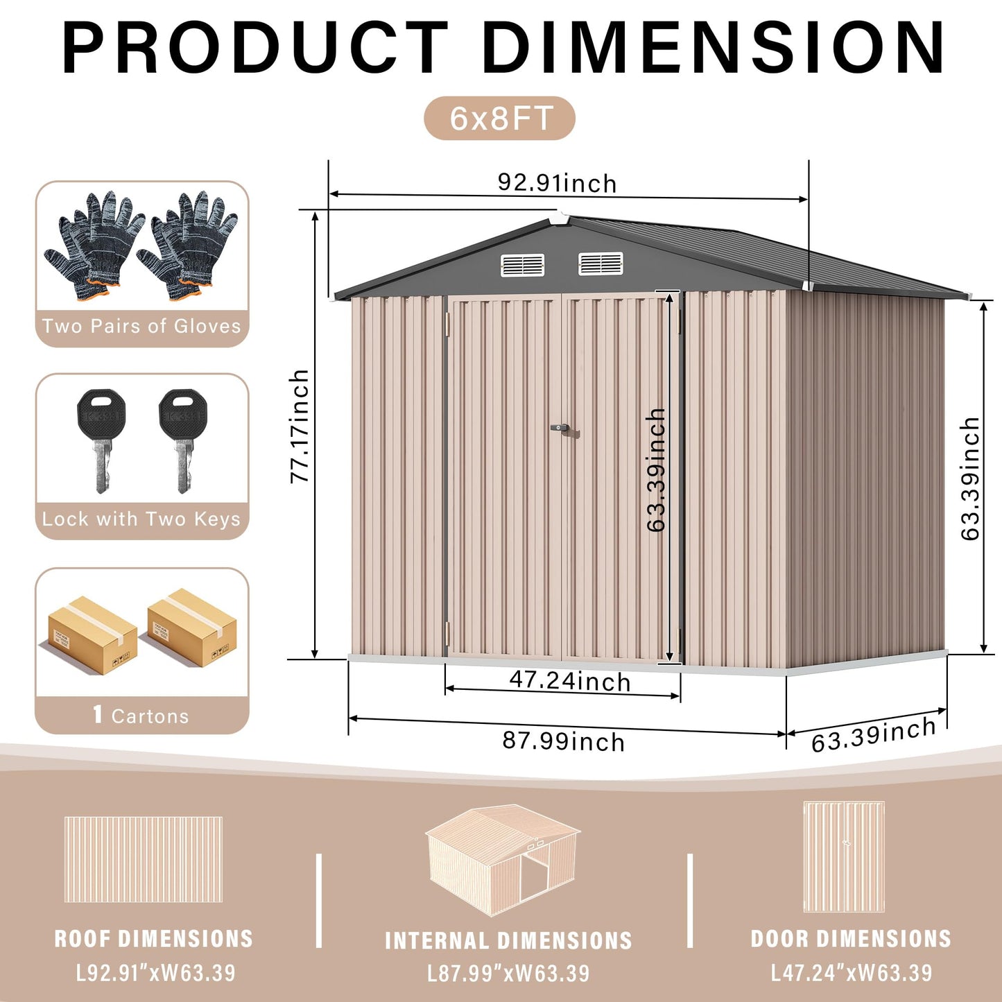 8x6ft Heavy Duty Outdoor Storage Shed, Metal Tool Shelter with Lockable Doors, Air Vents, Large Weatherproof Utility Building for Backyard Patio Lawn – Wind & Rain Resistant, UV Protection