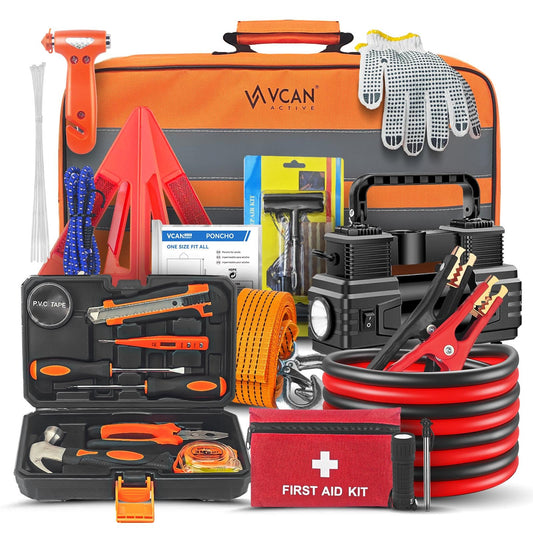 Car Emergency Kit with Portable Air Compressor, First Aid Kit, Jumper Cables, Roadside Safety Emergency Tool Kit for Women, Men, Teen