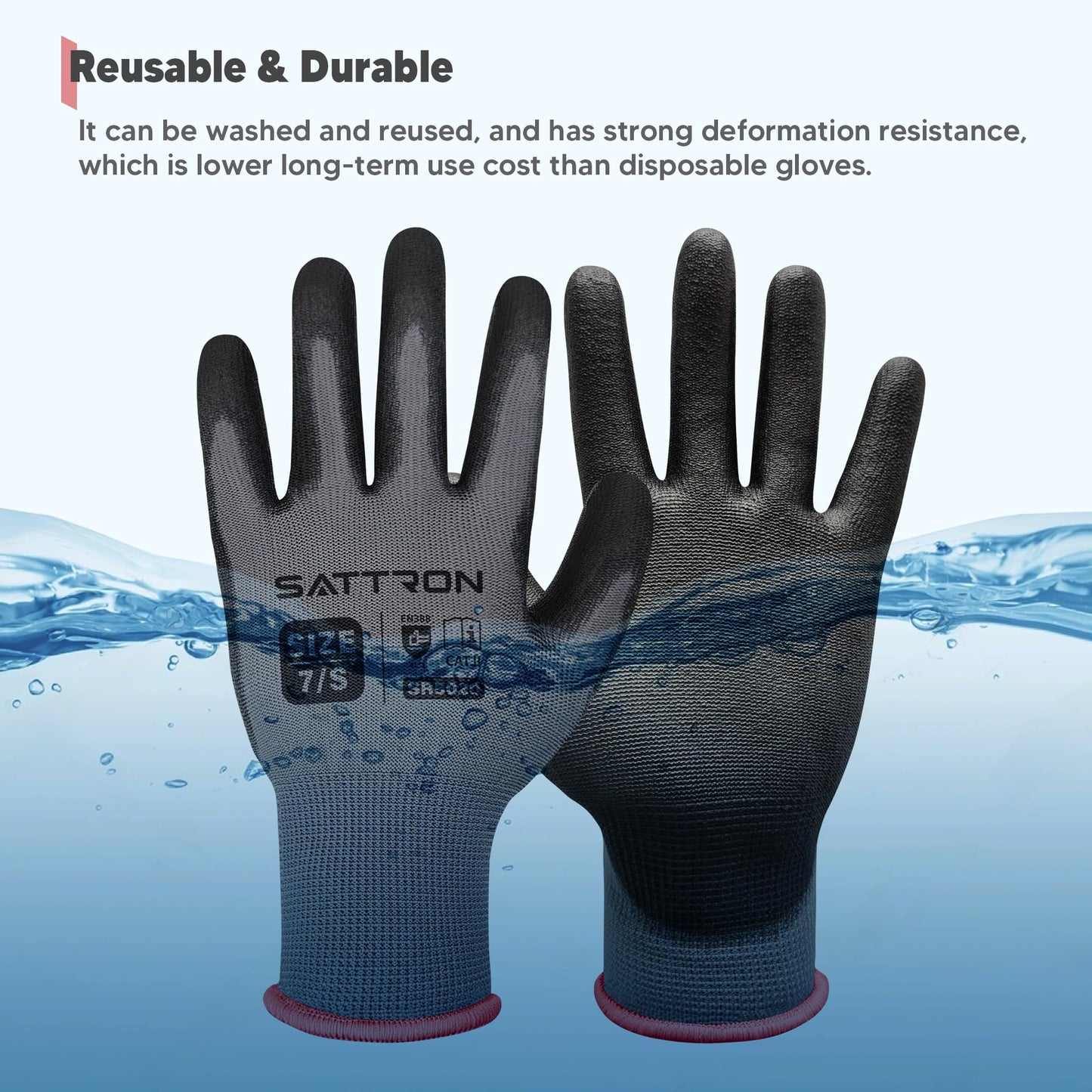 SATTRON Safety Work Gloves PU Coated, 12 Pairs, Seamless Knit Gloves with Polyurethane Coating Working Gloves Excellent Grip for Men & Women Ideal for General Duty Work (Grey, Large)