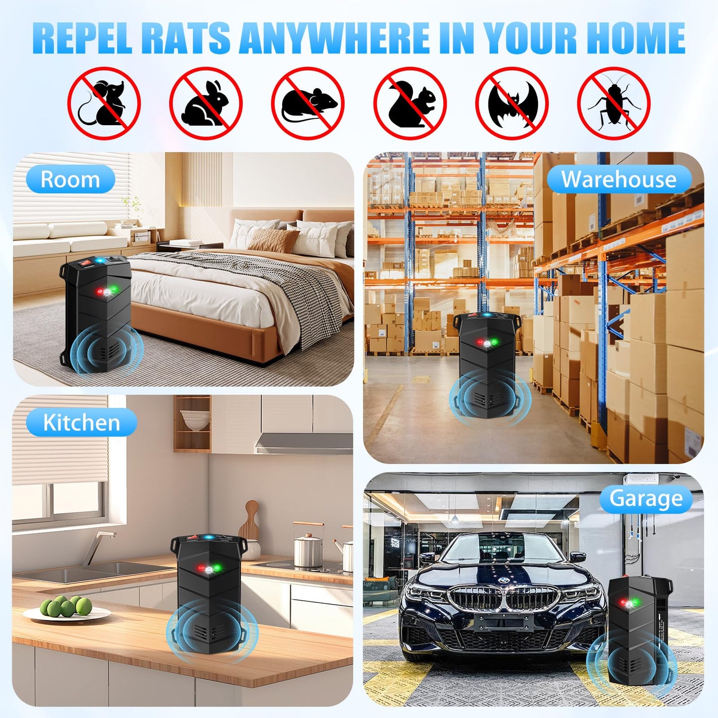 Rodent Repellent for Car Engines, Pest Mouse Bat Squirrel Repellent, Variable Frequency Ultrasonic&LED Strobe Lights, Keep Mice Away from Vehicle Indoor Outdoor Room(2-Pack)