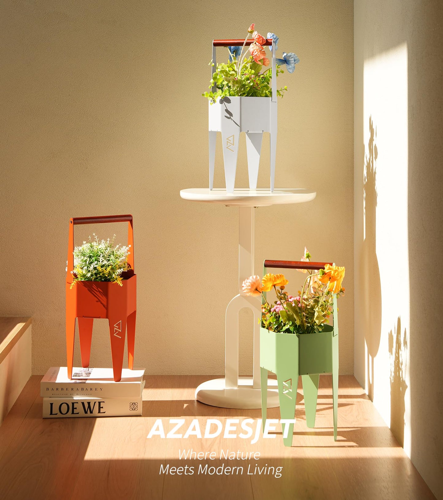 AZADESJET Planter with Stand, Metal 2 in 1 Portable Planter with Grow Bags & Handle, Stable Stylish Indoor Plant Pots with Stand, Modern Flower Pots Outdoor, 7.5'' x 17.3'', Green, Plant Not Included