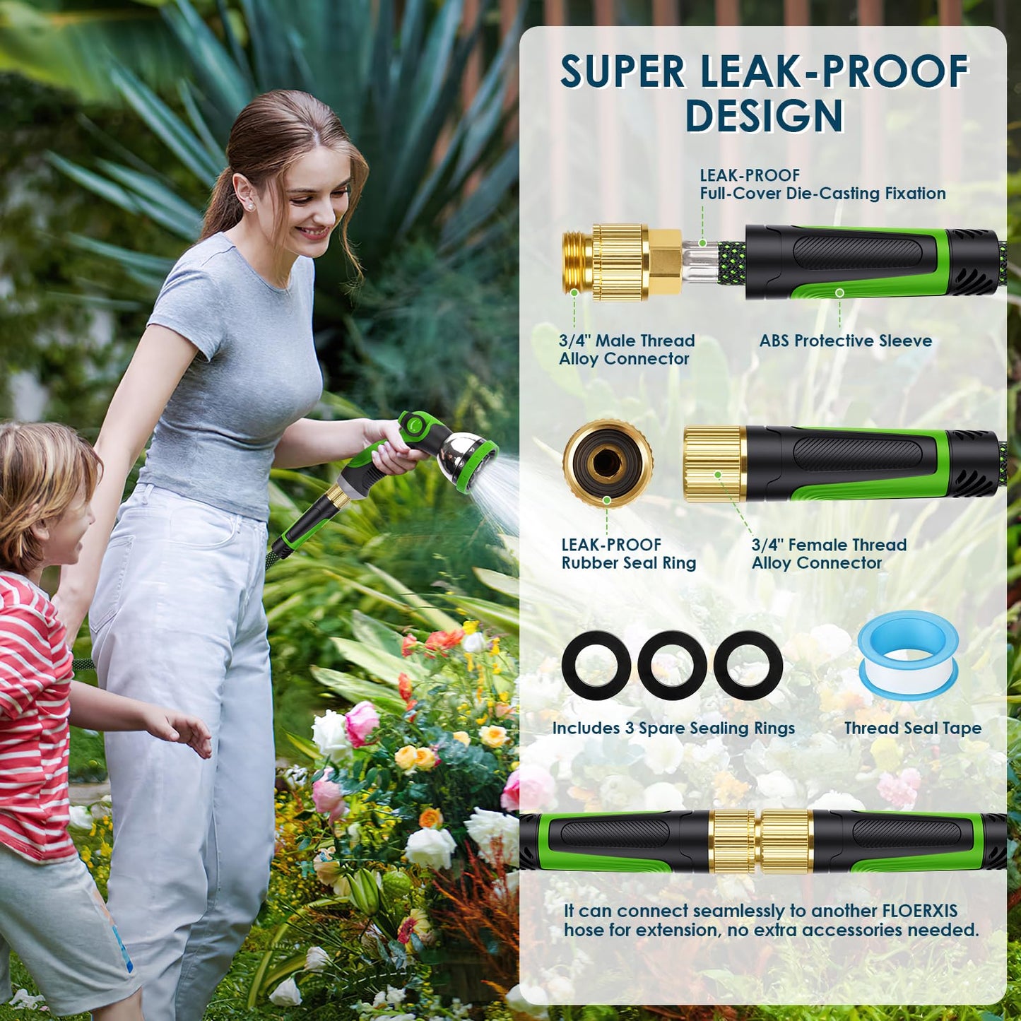 FLOERXIS Non-Expandable Garden Hose 100 FT, Lightweight Hose with 10 Function Spray Nozzle, Kink-Free Flexible Water Hose, Durable, Leak-Proof, 360° Swivel Connectors, Portable Storage Strap