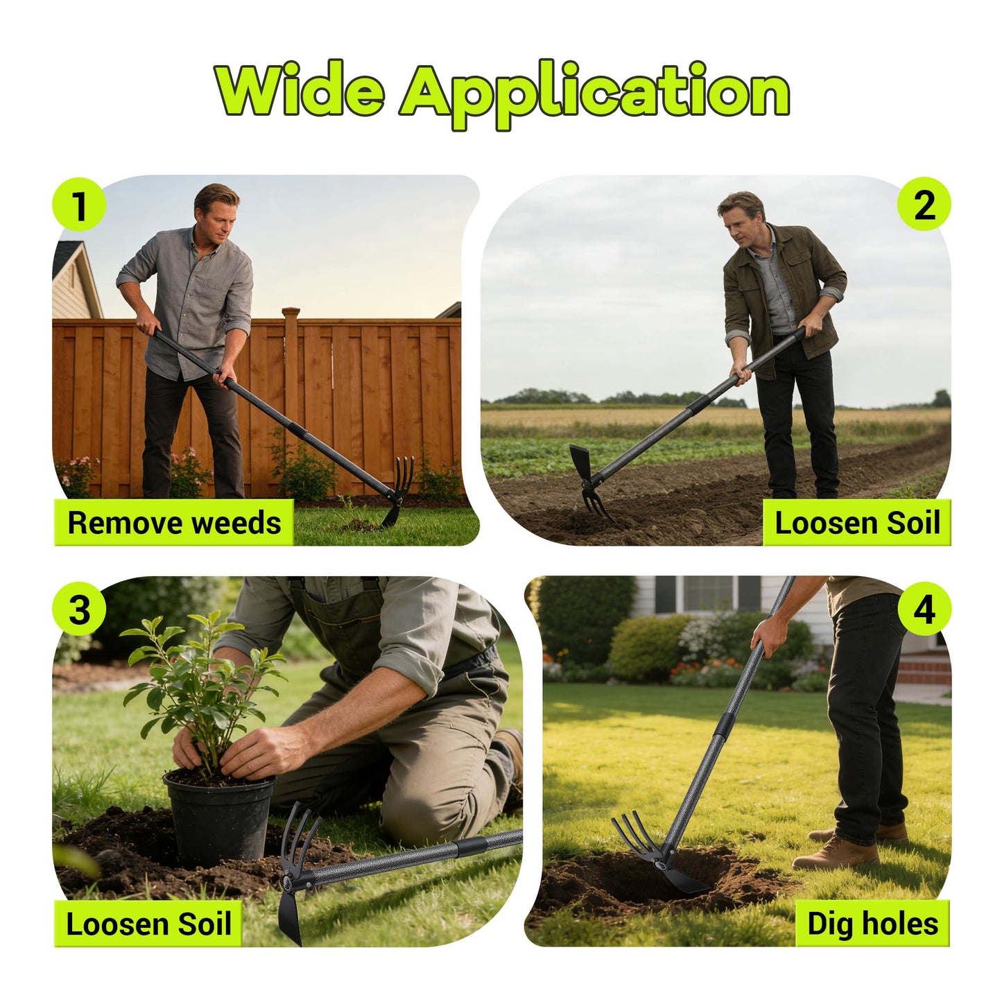 CALCHELE Hoe Garden Tool, 30-75 Inch Adjustable Garden Hoe Long Handle for Weeding, 2 in 1 Heavy Duty Hoe Cultivator Hand Garden Tools for Gardening Planting