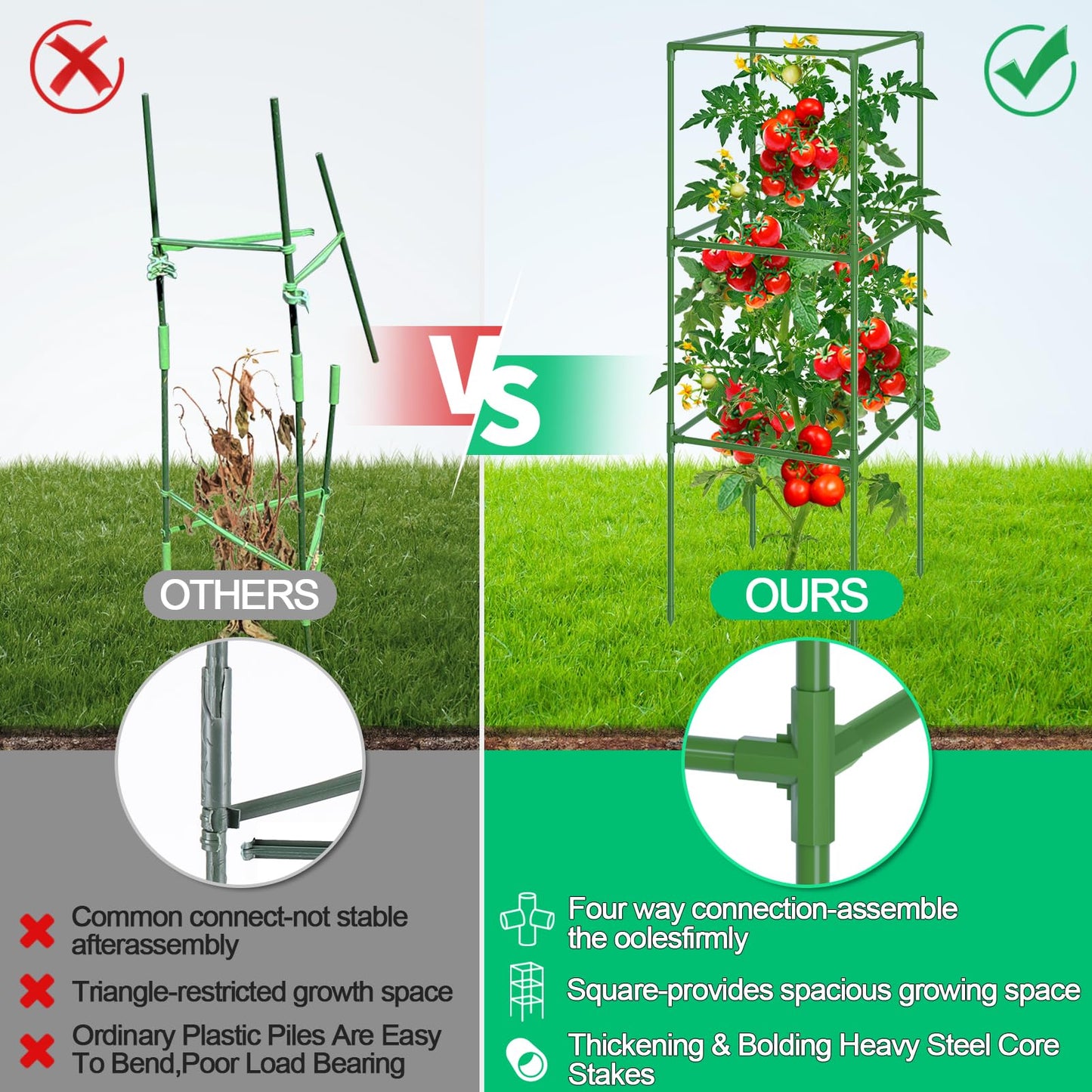 WLLEYAY 3 Pack Tomato Cages, Square Tomato Plant Stakes Support Cages Trellis, 50 * 17 * 17in Heavy Duty Steel Plant Tower Stakes Cucumber Trellis for Garden Climbing Vegetables Flowers Fruits, Bold