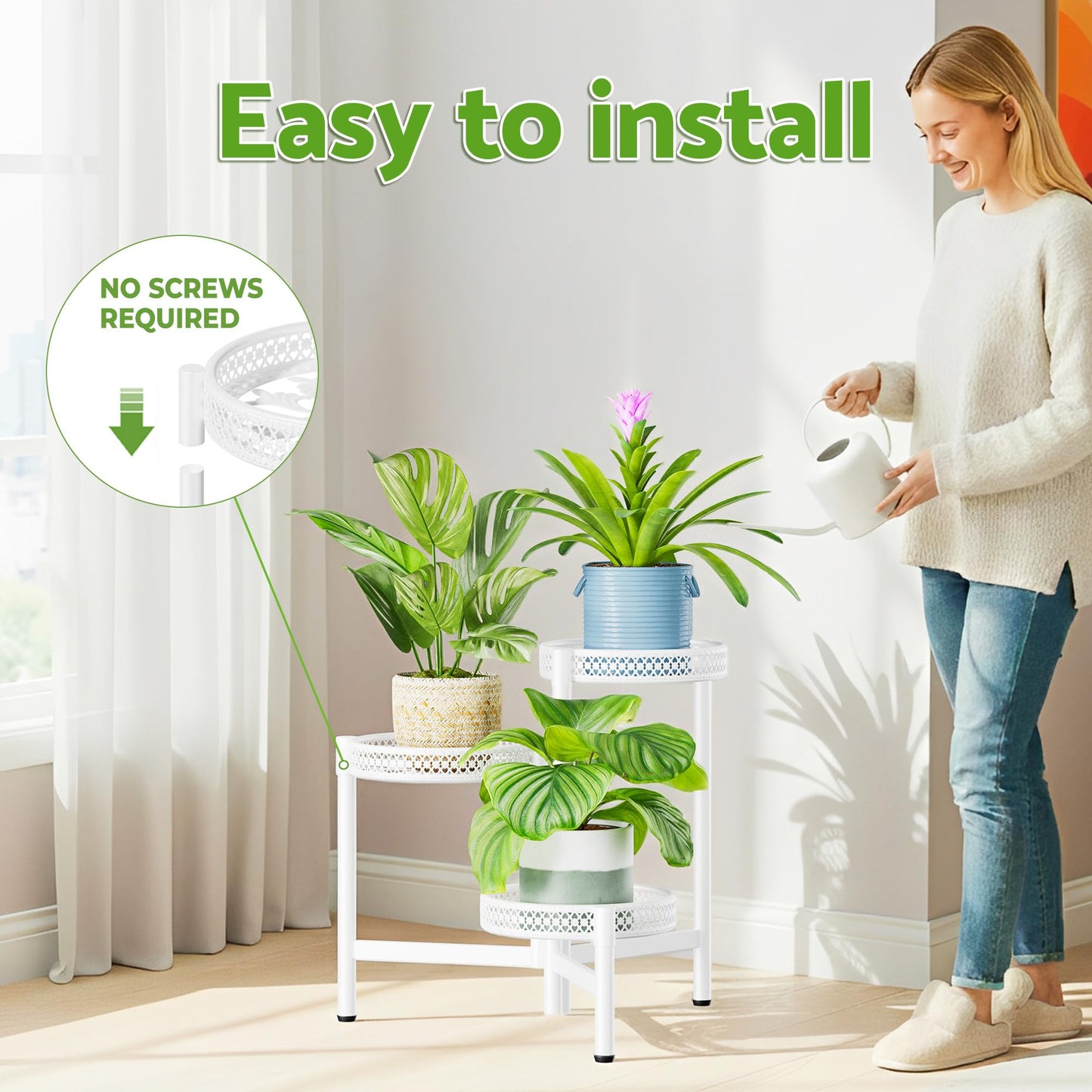 NQW 3 Tiered Tall Plant Stand Indoor Outdoor, Metral Plant Shelf for Corner Display Rack, Multi-Tier Folding Planter Pot Holder Flower Stand for Living Room Balcony Garden Patio - WhiteWave