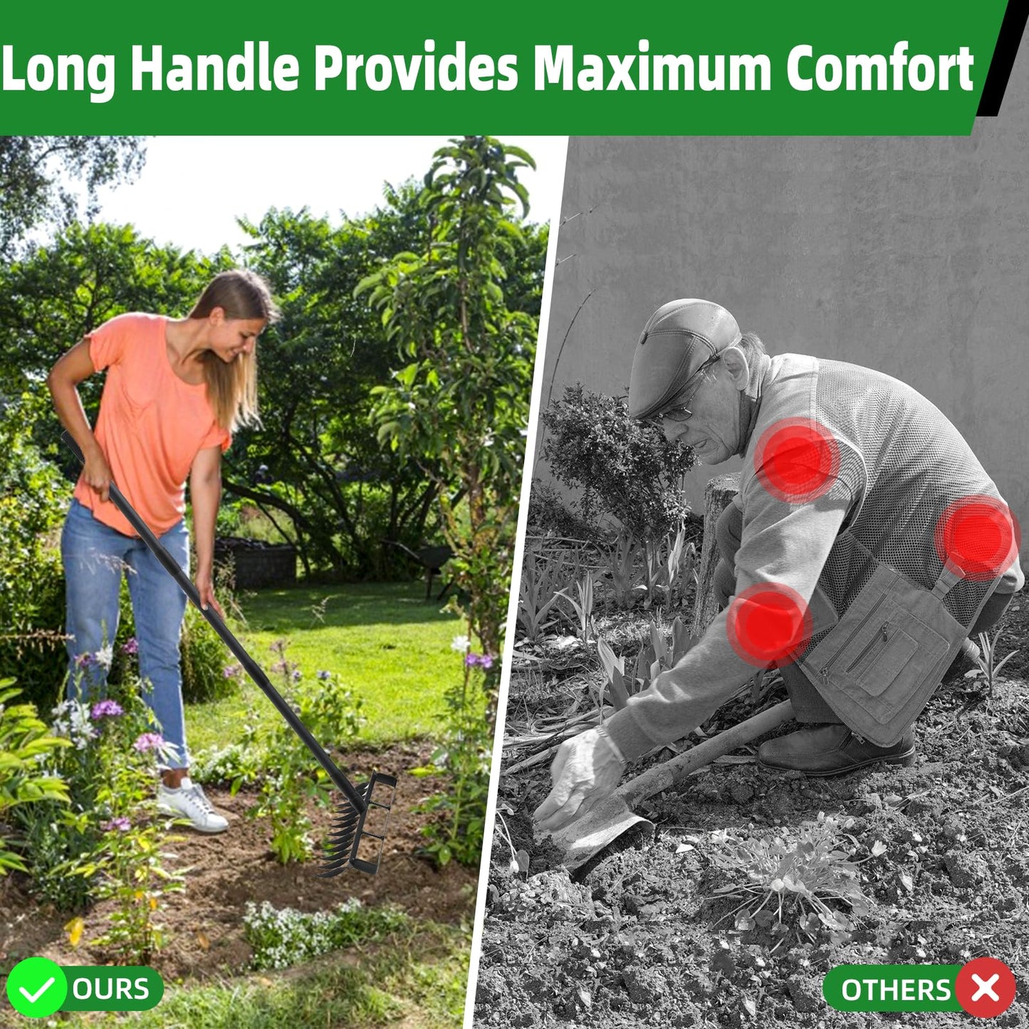 76.8" Garden Hoe and 12 Tines Rake 2-in-1 Garden Tool for Weeding, Garden Cultivator with Adjustable Long Handle Heavy Duty Weed Puller Stirrup Hoe for Ditching, Seeding, Loosening Soil