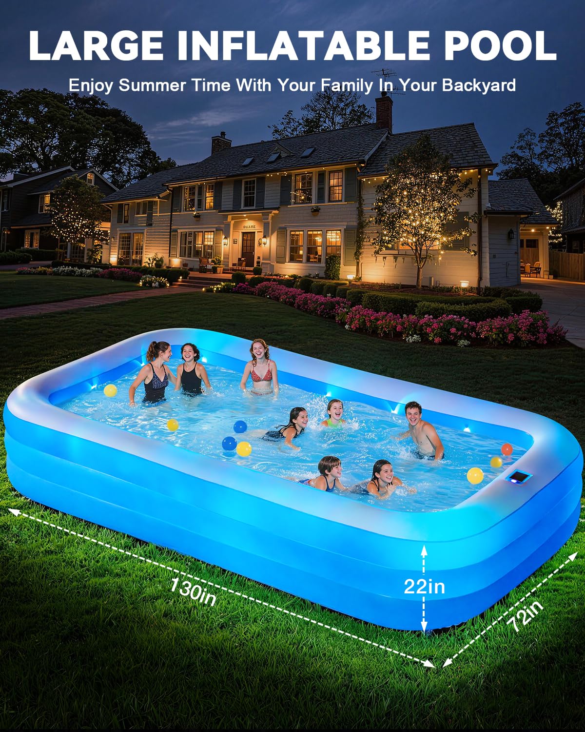 Large Inflatable Pool for Adults,130" x 72" x 22" Thickened Blow Up Pool with Lights & Pump, 7 Color Changed Durable Above Ground Family Swimming Pool for Backyard Outdoor Garden