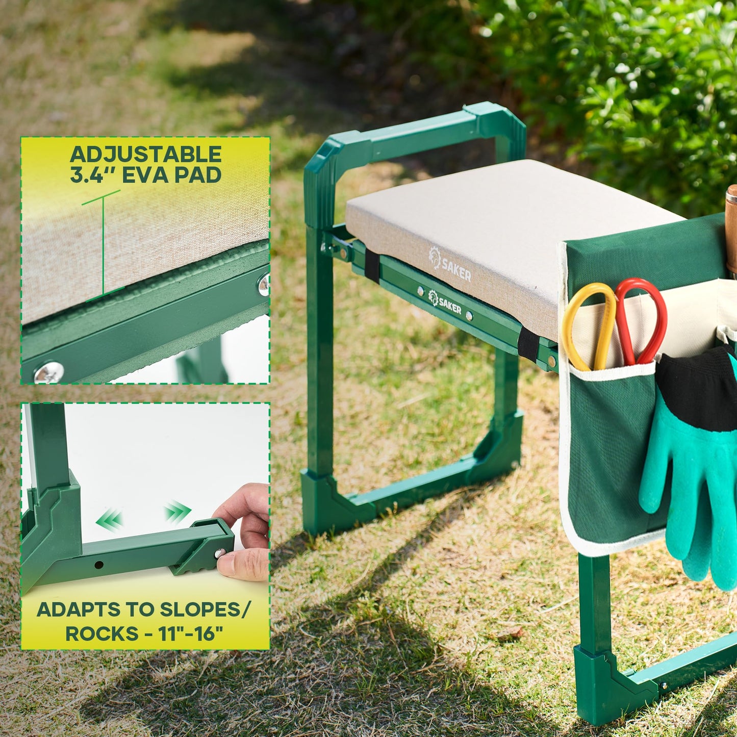 Saker Garden Kneeler and Seat Foldable Gardening Stool with Extendable Legs & Thickened Pad, Tool/Storage Bag, Heavy Duty 500lbs Support for Elderly, Gardening, Outdoor Use
