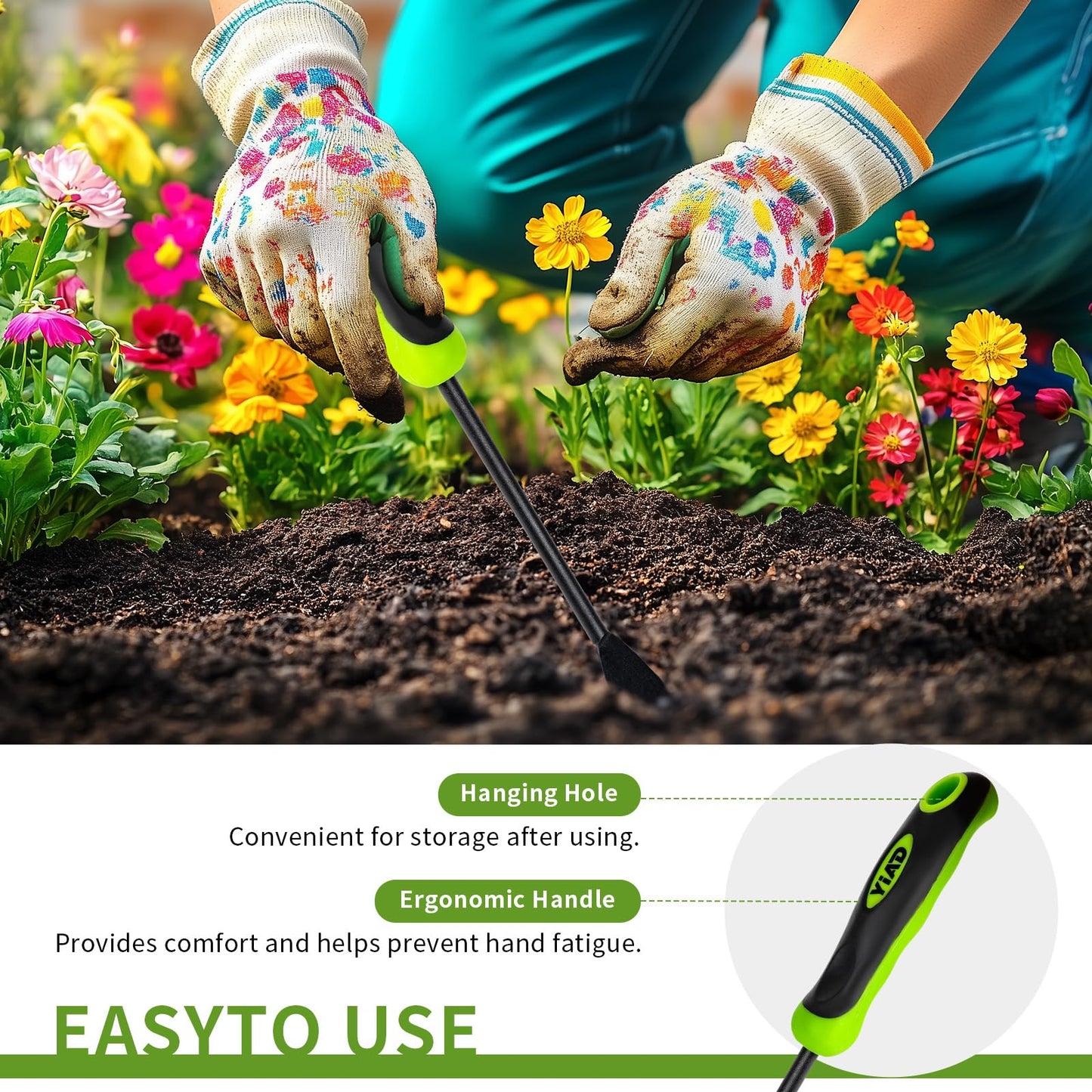 YIAD Hand Weeder Weed Puller Tool - 13-Inch Heavy Duty Dual Tip Design for Root Removal, Rust-Resistant Steel, Ergonomic Grip, for Garden Lawn Yard Patio Flower Bed