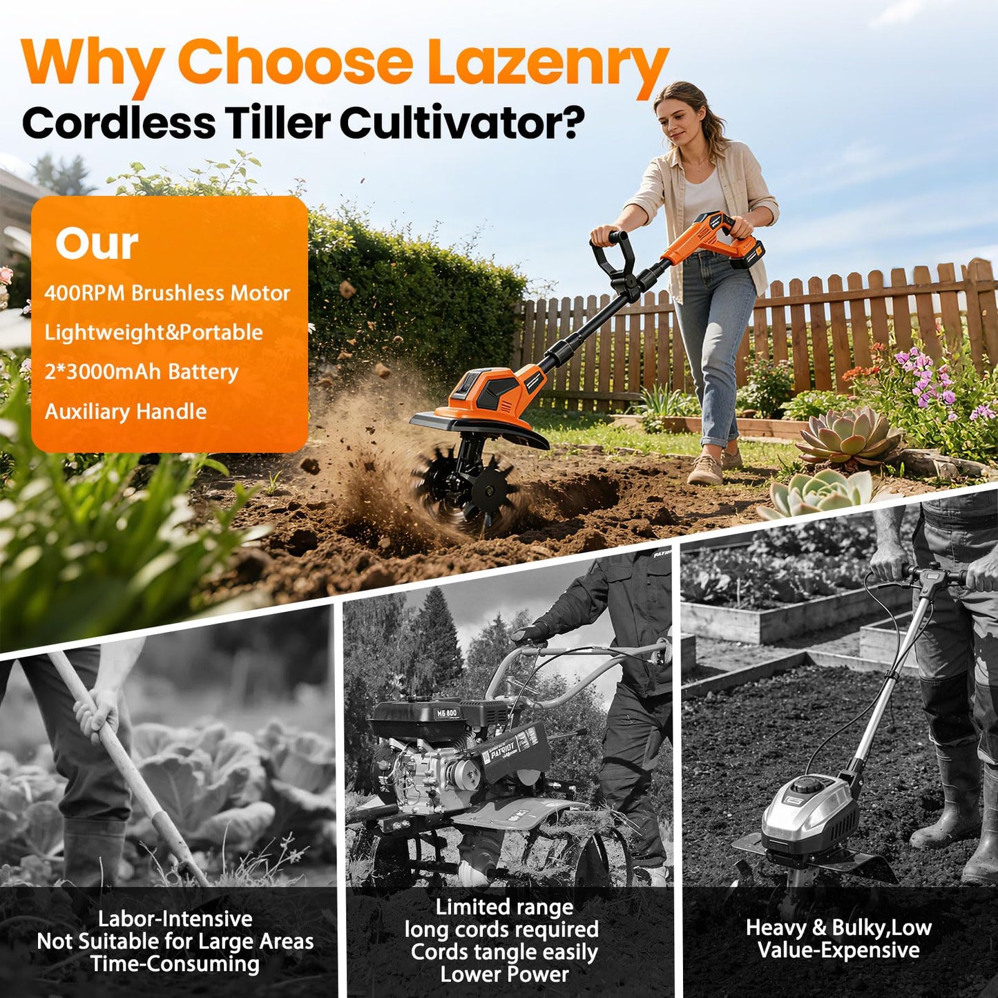 400RPM Brushless Cordlees Tiller Cultivator for Gardening, 20V Electric Garden Tiller Battery Powered((2*3.0Ah Battery&Charger), 9.5"Width 7"Depth, Garden Rototiller for Yard/Lawn/Soil Tiller (Orange)