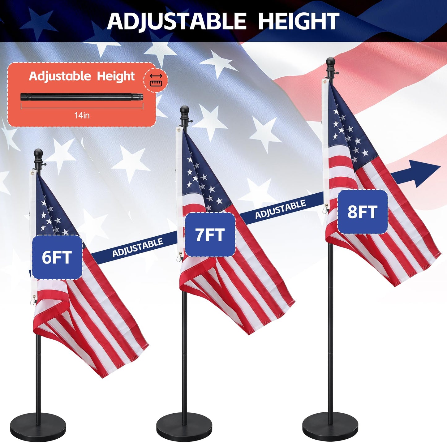 American Flag with Pole and Stand - Heavy Duty 1" Free Standing Indoor Flagpole Set with 3x5ft Embroidered US Flags,Weighted Base, 6-8 FT Adjustable Portable For Office, Church,School (Black)