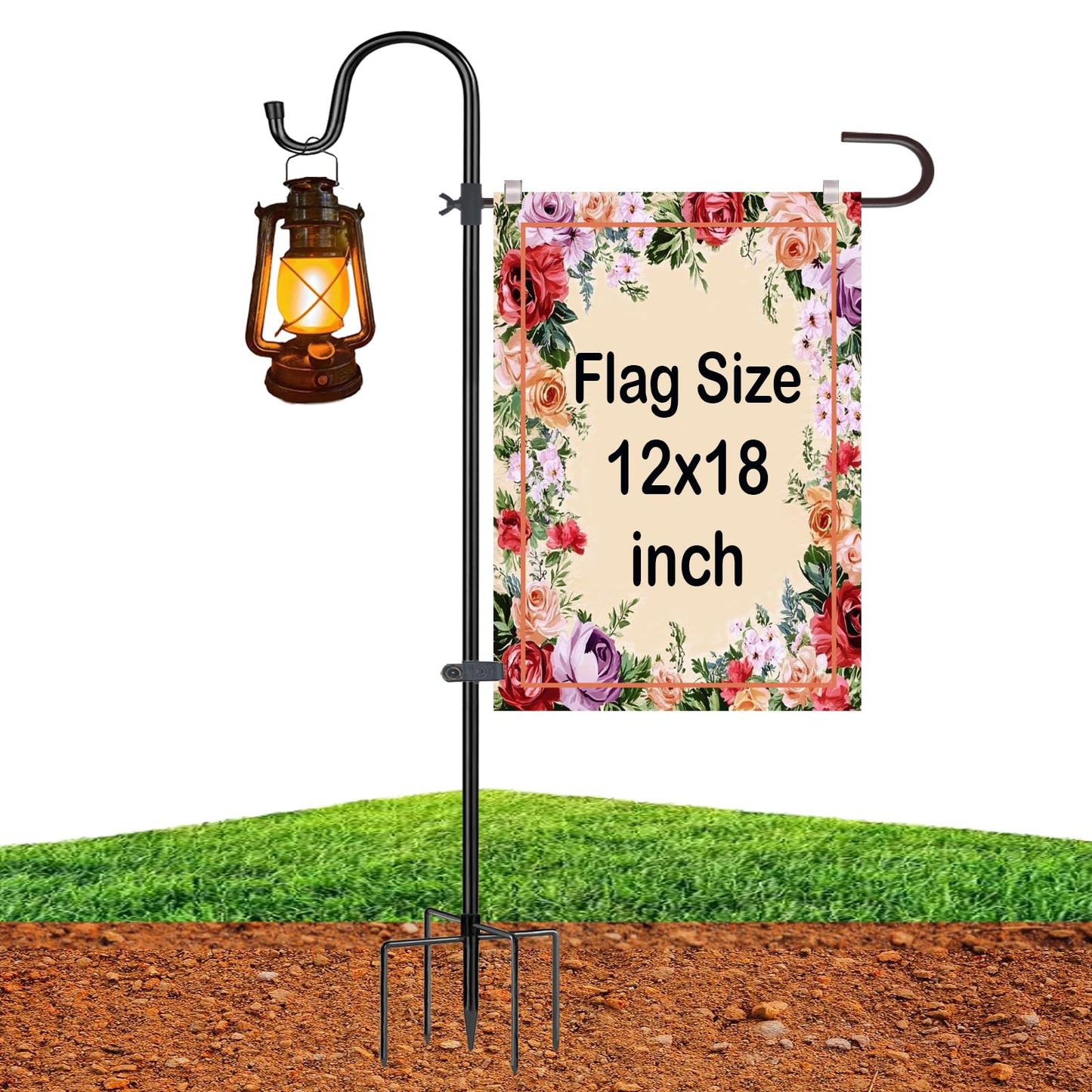 Upgraded 46 Inch Heavy Duty Metal Garden Flag Holder with Shepherd Hook, Yard Stand Fits 12x18 Flags - Solar Lights & Flags Not Included