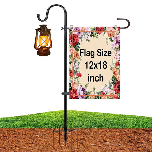 Upgraded 46 Inch Heavy Duty Metal Garden Flag Holder with Shepherd Hook, Yard Stand Fits 12x18 Flags - Solar Lights & Flags Not Included