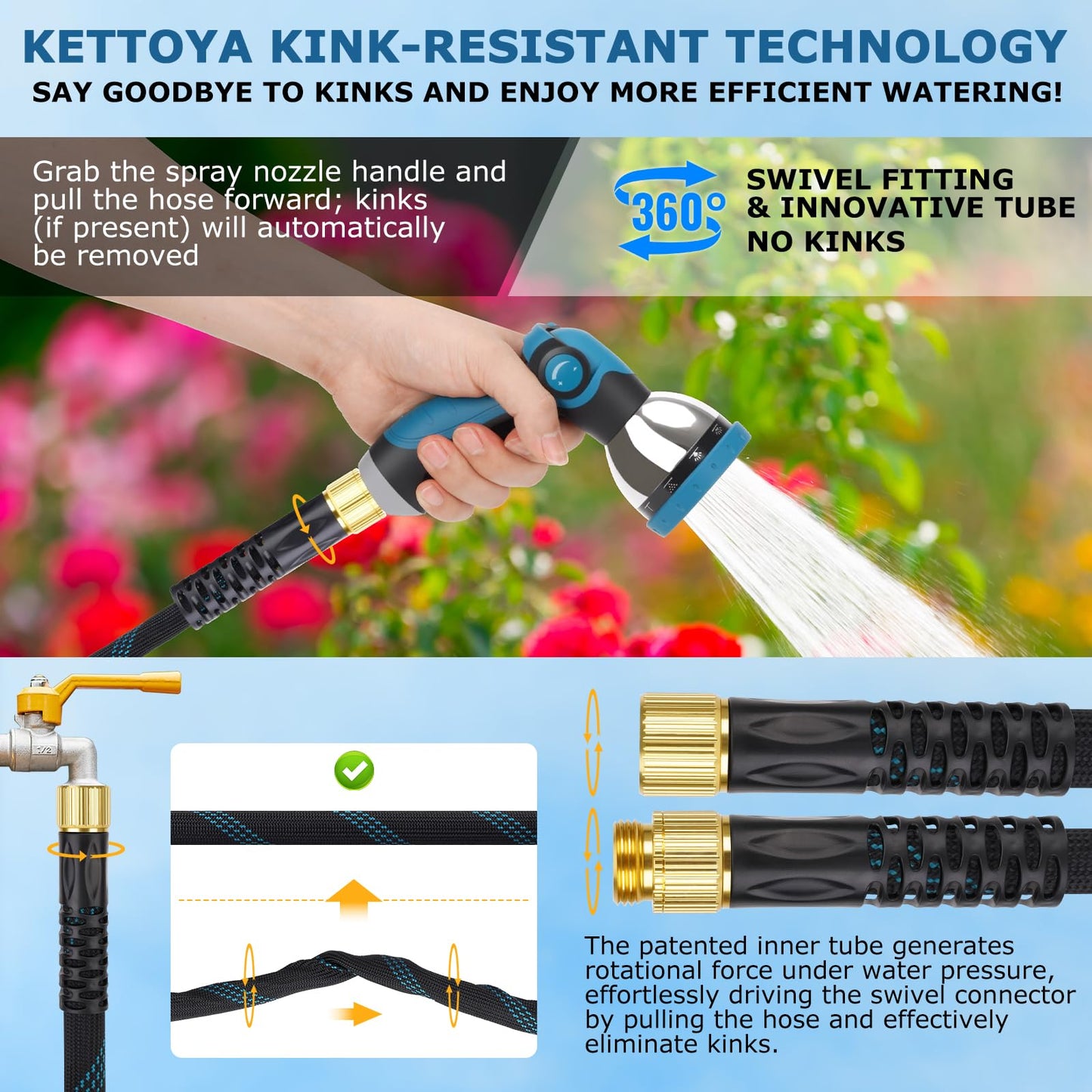 KETTOYA Non-Expanding Garden Hose 100 ft, Kink Free Flexible Water Hose with 10-Pattern Spray Nozzle, Lightweight Hose Pipe, Leak Proof, 3/4" Swivel Connectors, Super Fabric, Portable Storage Strap