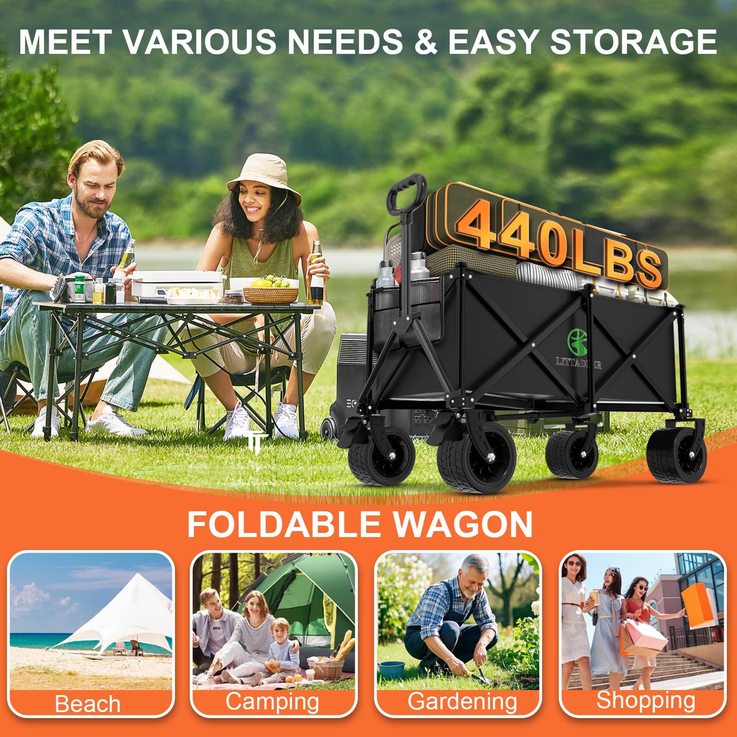 Littadeer Wagons Carts Foldable with Double Layered Bottom Fork Structure, Foldable Heavy Duty Beach Wagon with 440LB,Collapsible Wagon with All-Terrain Wheels for Camping, Garden,Shopping,Sports