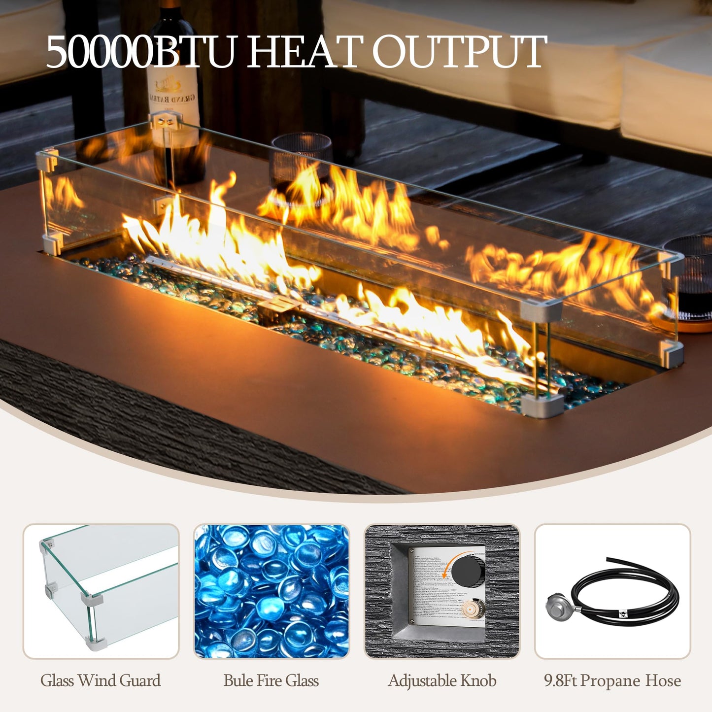 UPHA 56-inch Outdoor Propane Gas Fire Pit Table 50000 BTU Concrete Rectangle FirePit for Outside Patio with Propane Tank Cover, Wind Guard, Blue Glass Rocks, Rain Cover, Grey