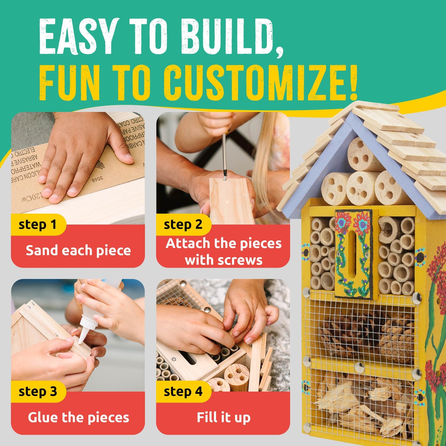 SparkJump Premium Bug Hotel Kit for Kids – Easy Wood Craft Kits for Children, Lady Bug House for Garden with Tools, Paints & Glue, Fun Birthday Gifts for Girls and Boys