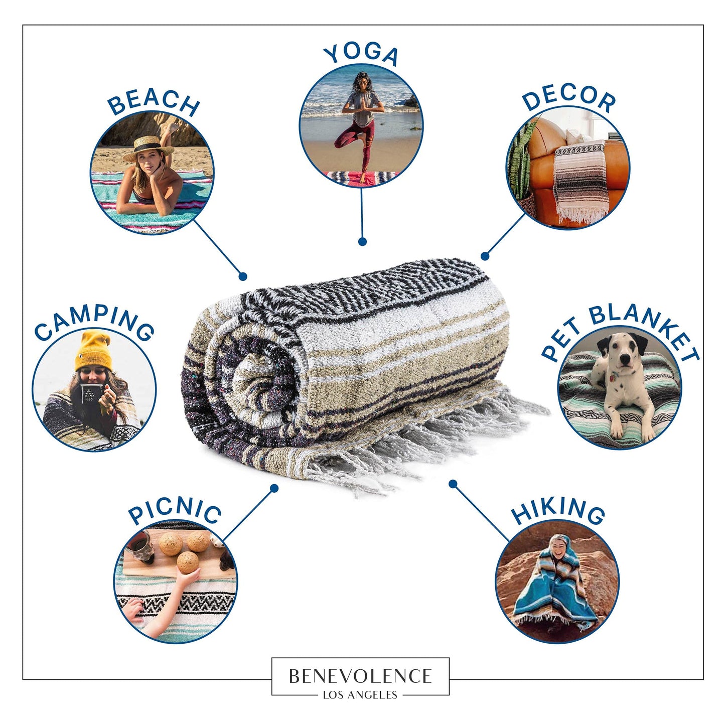 Benevolence LA Authentic Handwoven Mexican Blanket | Yoga Blankets, Outdoor, Picnic, Beach, Camping | Equestrian Saddle | Serape 50x70 inches - Sand, Pack of 1