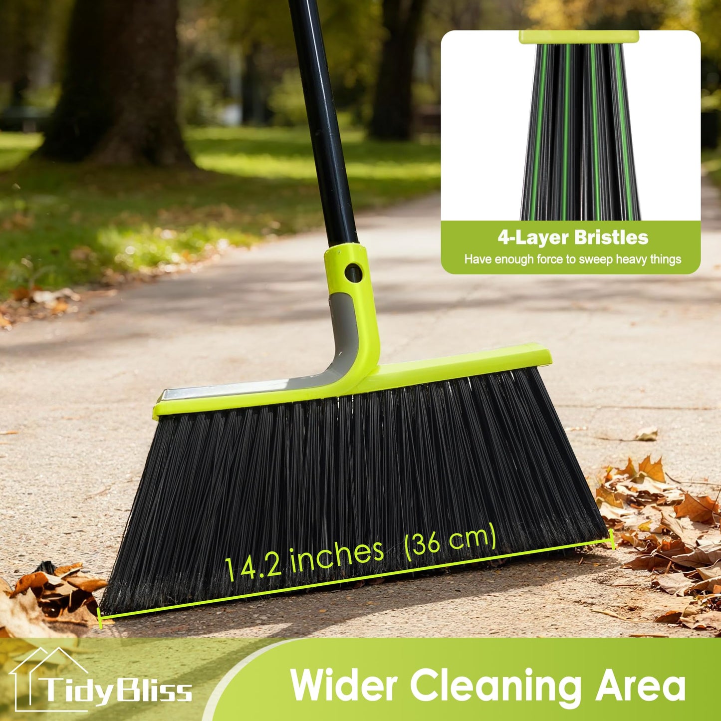TidyBliss 2 Pack Outdoor Broom Heavy Duty, 56 inches Tall Commercial Soft Bristle Angle Brush for Sweeping Outside Patio Garden Porch Deck Shop Restaurant Garage House Lobby Hardwood Floors (Green)
