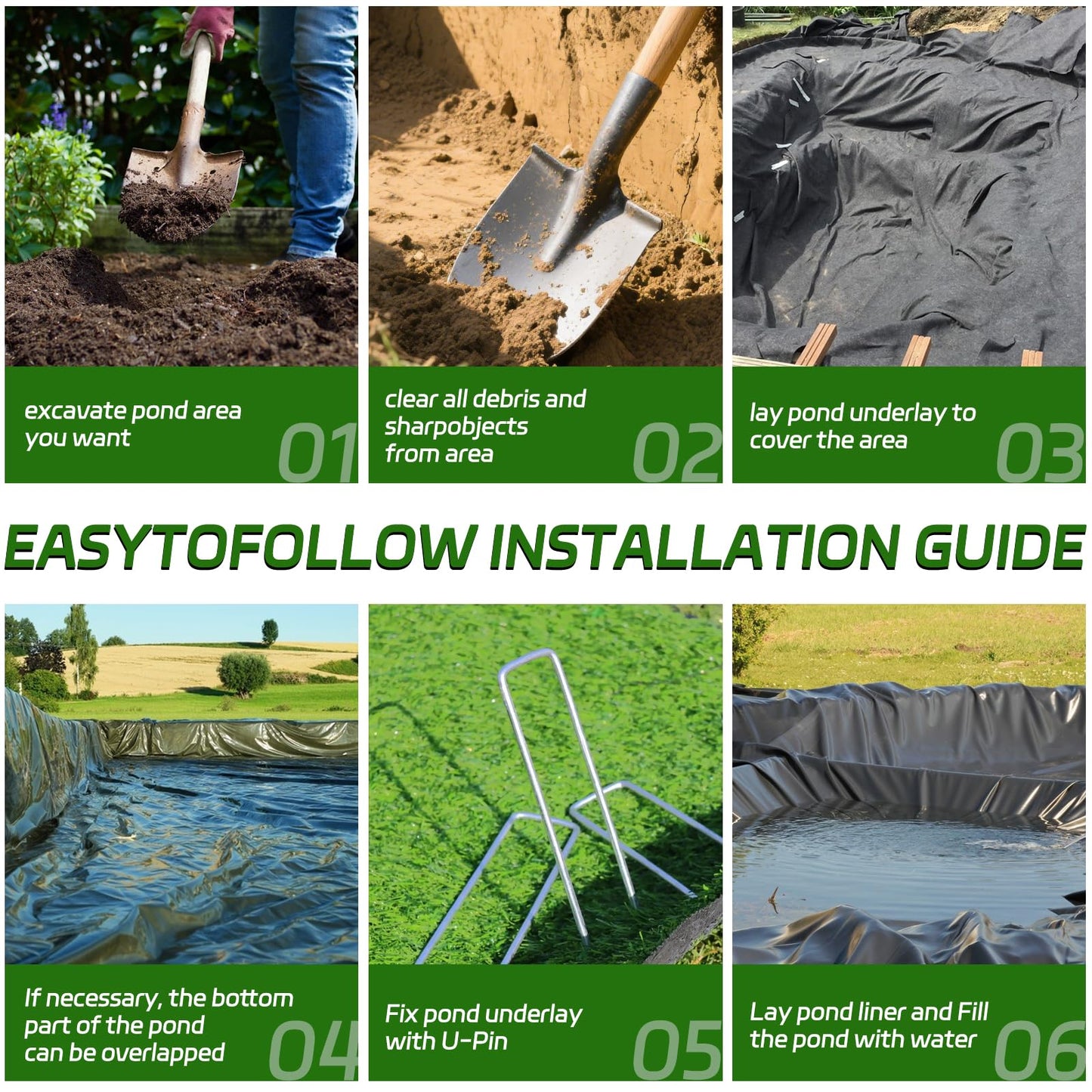 KEPYDRMTF 7 x 10 Feet Pond Liner Underlayment, Outdoor Ponds Underlayment, Non-Woven Geotextile with 15 U-Pins for Landscaping Streams Fountains and Garden Waterfall