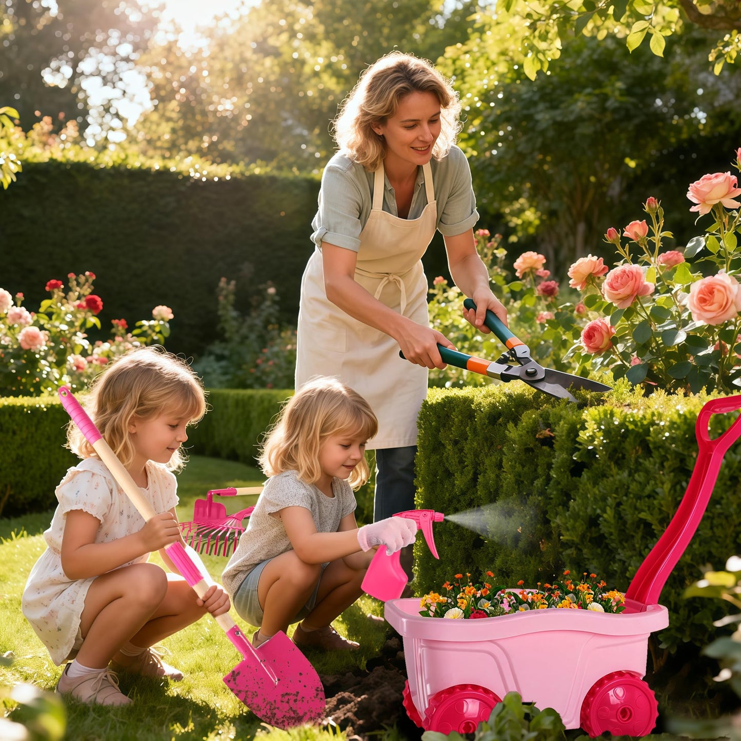 Kids Gardening Tools Outdoor Toys Set - Wheelbarrow Backyard Play Set for Kids with Shovel, Rake, Leaf Rake, Summer Yard Digging Weed Toys, Easter Birthday Gifts for Boys Girls Age 2 3+ Years Old