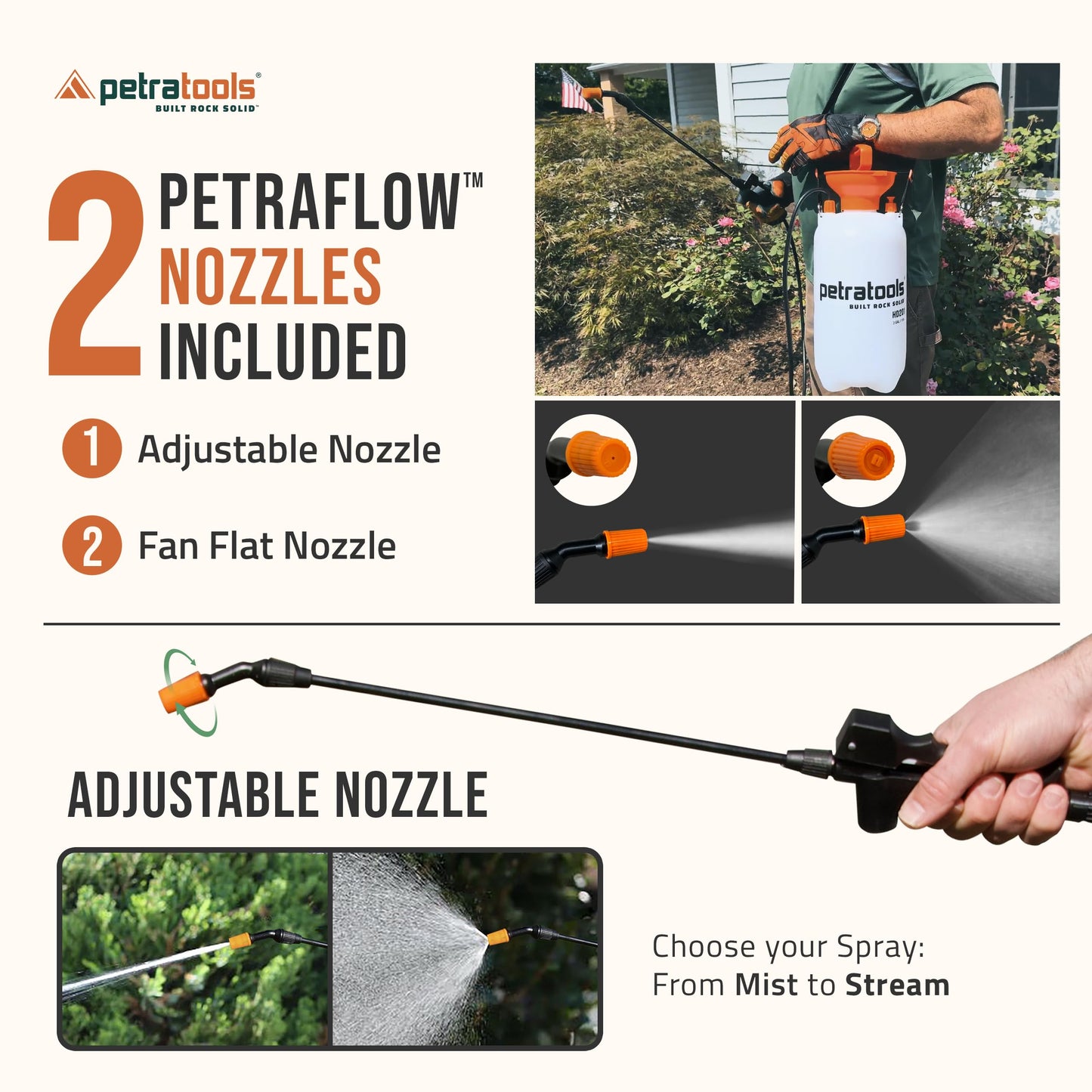 Petratools 2 Gallon Pump Sprayer - HD201 Garden Sprayer for Weeds, Lawn Care & Pesticides - 52" Long Hose, 2 Nozzles & Easy Carry Handle - Durable & Lightweight