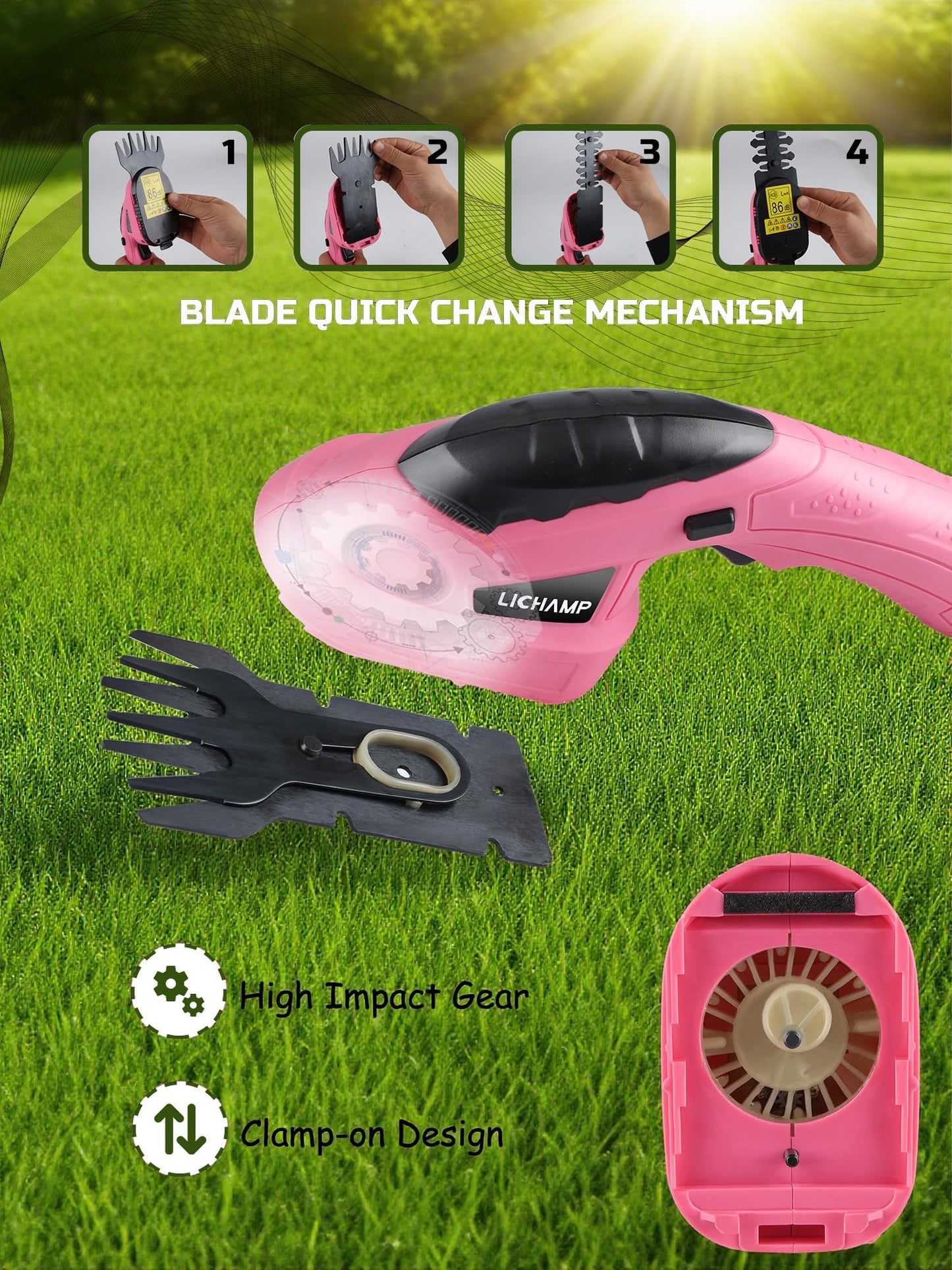 Lichamp 2-in-1 Electric Hand Held Grass Shear Pink Hedge Trimmer Shrubbery Clipper Cordless Battery Powered Rechargeable for Garden and Lawn, CGS3601PK Pink