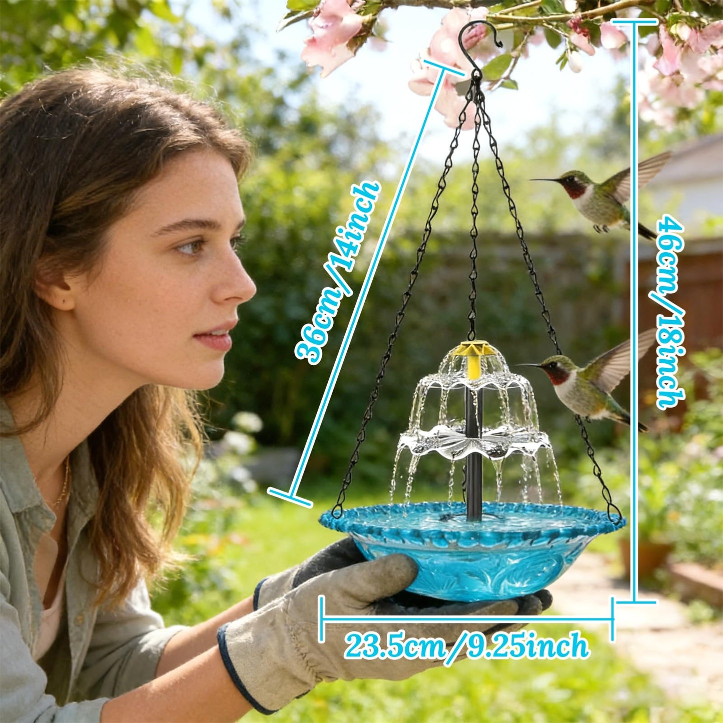 Hanging Solar Bird Bath Fountain - 3 Layers Outdoor Hanging Bird Bath with Solar Fountain, Hanging Bird Bath with Flowing Water for Outdoors Patio Backyard Lawn Garden Decor (Blue)