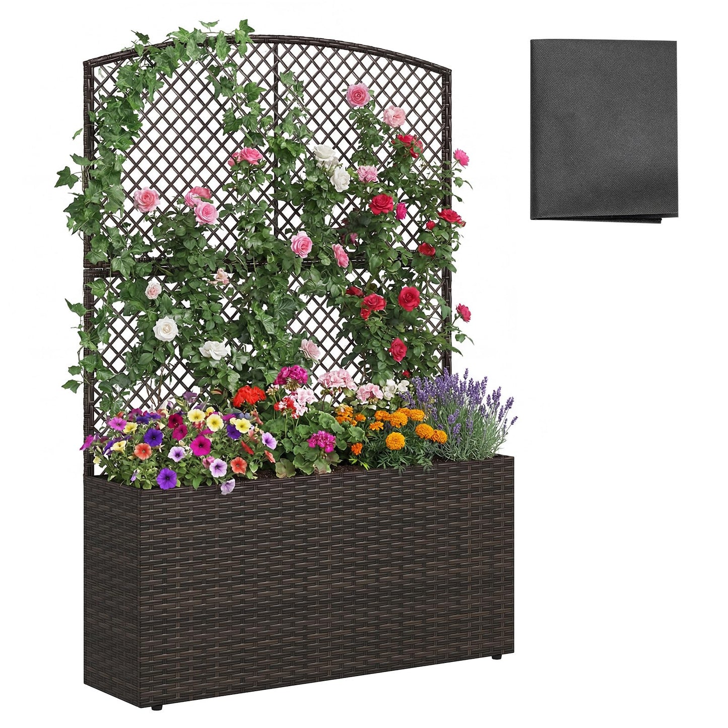 Happygrill Raised Garden Bed with Trellis, 58" Wicker Planter Box with Privacy Screen, Liner, Drainage for Patio Balcony, Outdoor PE Rattan Elevated Garden Bed for Climbing Plant Vine Flower (Brown,1)
