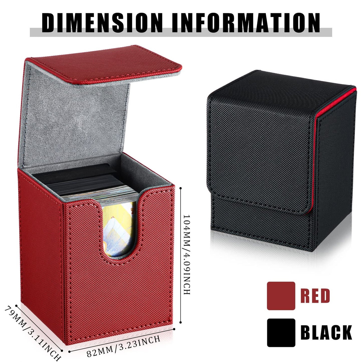 Weewooday 2 Boxes Leather Deck Card Boxes Large Size Fit 100 Plus Sleeved Cards Deck Game for Collectible Playing Compatible with Mtg Tcg(Vertical,Black Red, Red)