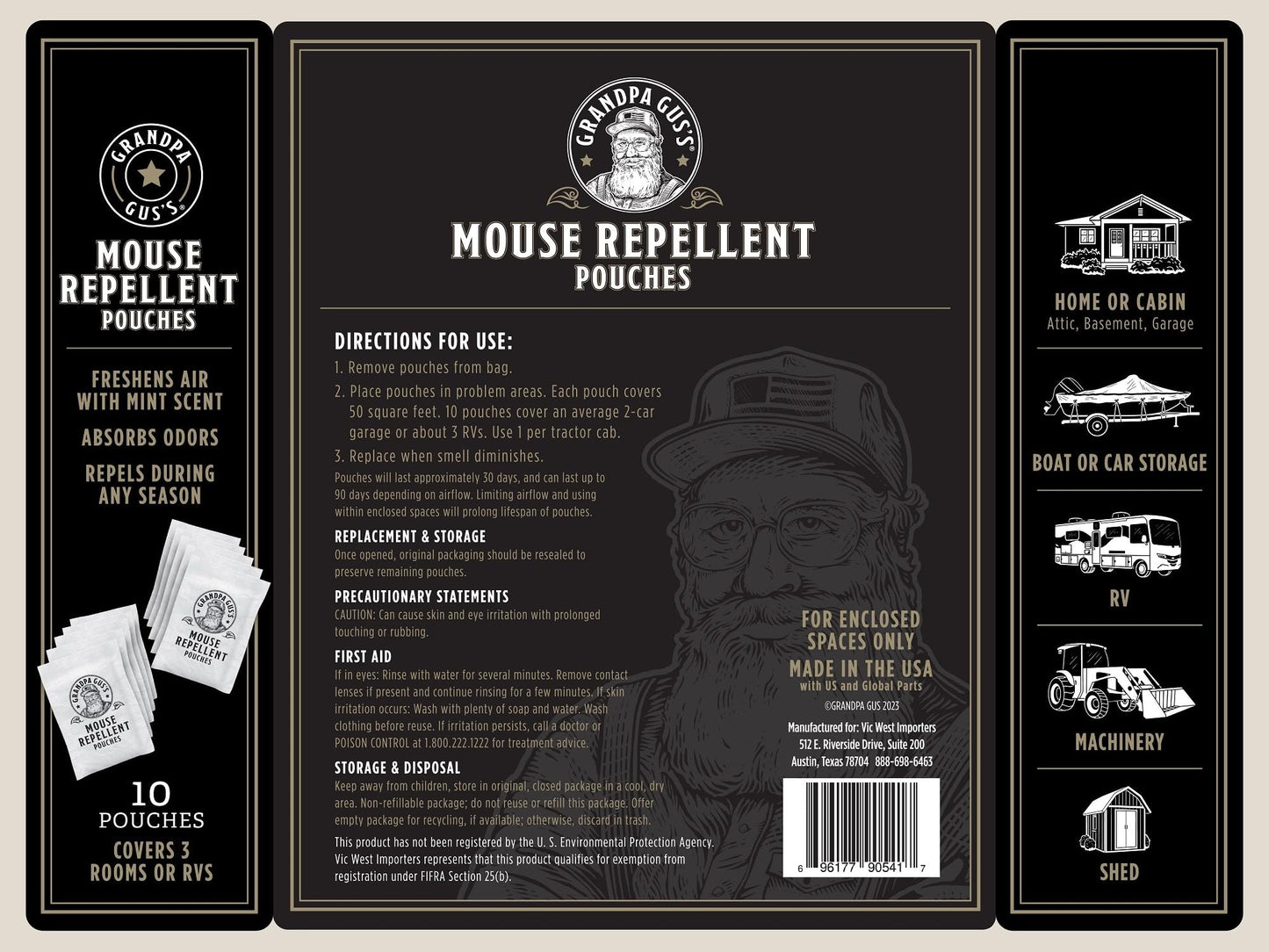 Grandpa Gus's Natural Mouse Repellent Pouches, Cinnamon/Peppermint Oils Repel Mice from Nesting in Home/Cabin/Boat/Car Storage/RV/Machinery/Shed (10 Pouches)