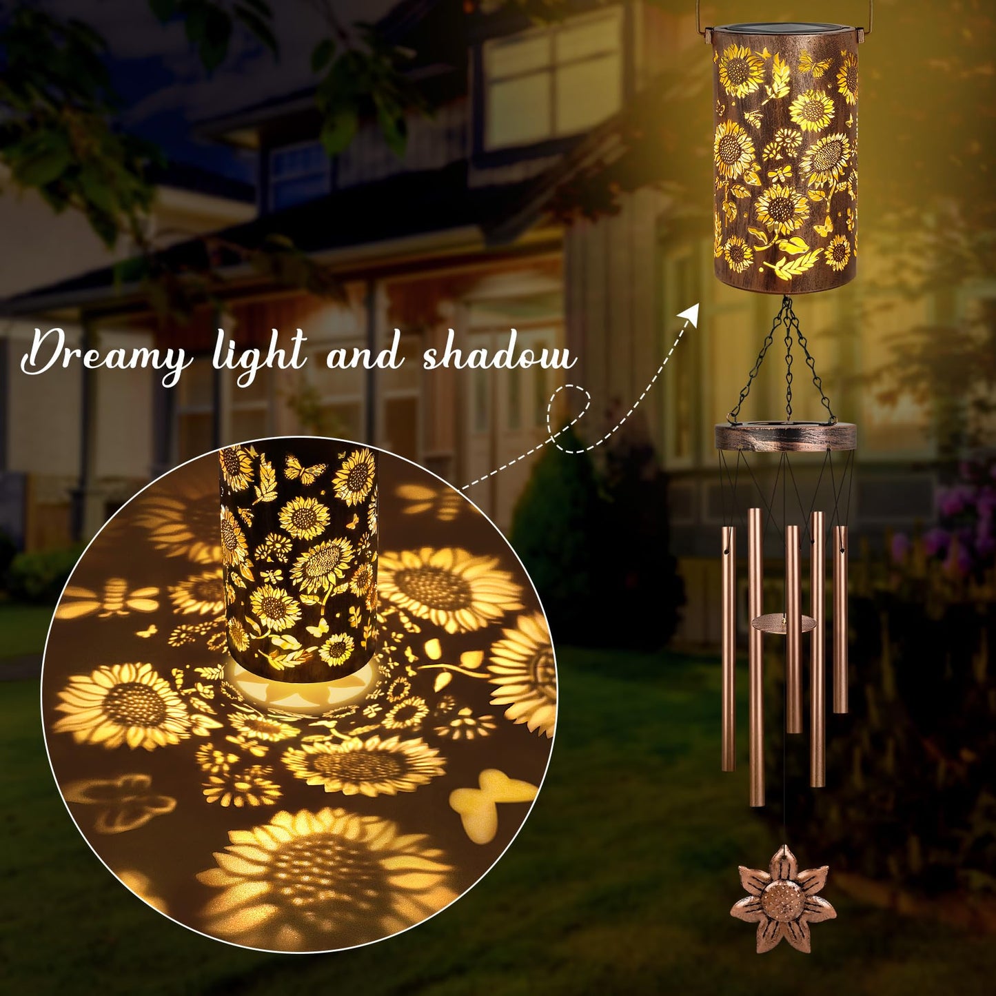 YHmall Solar Wind Chimes for Outside, 35'' Sunflower Gifts for Women Mom Grandma Windchimes Outdoors, Solar Lantern Memorial Wind Chimes Teacher Appreciation Unique for Garden Decor