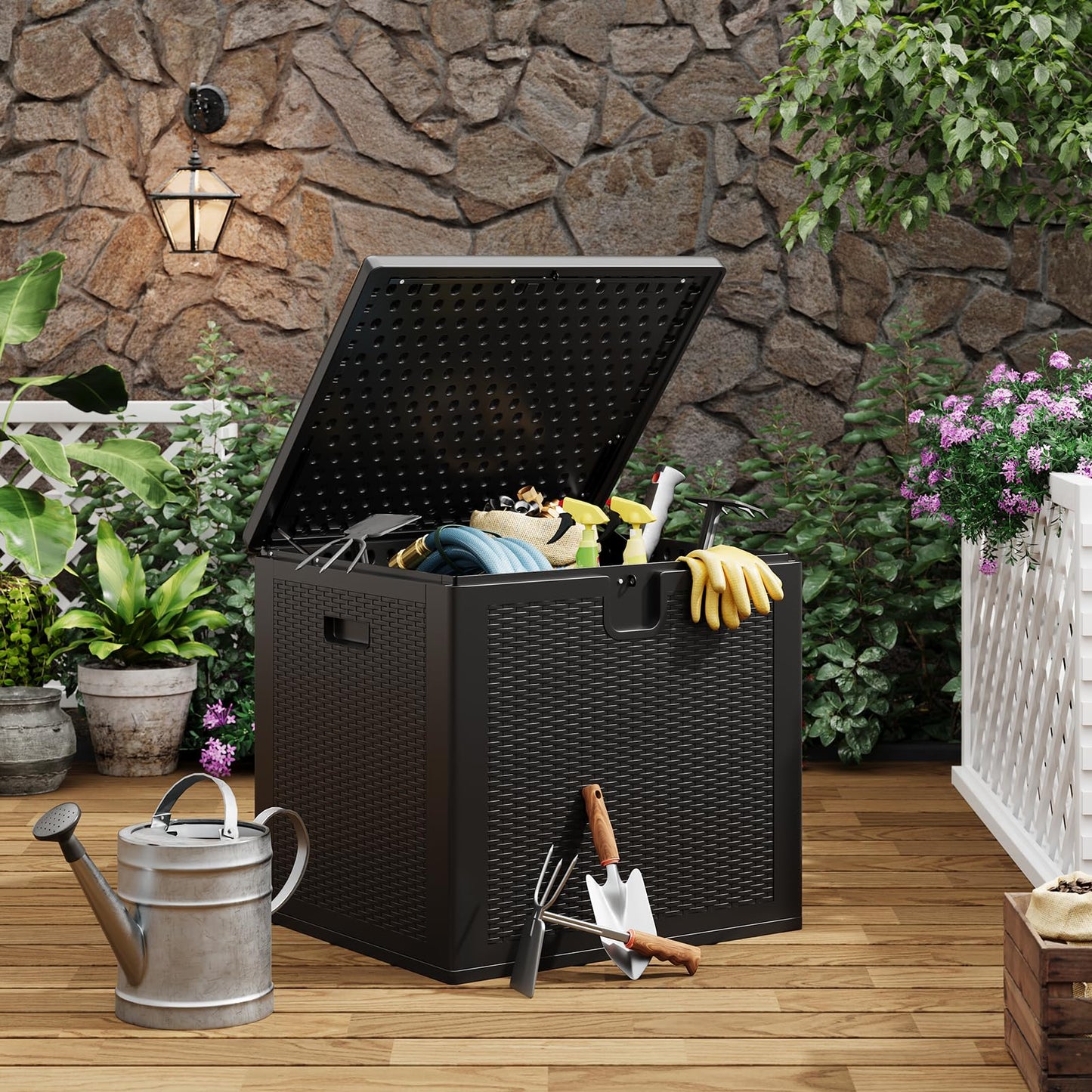 GarveeLife 80 Gallon Outdoor Storage Box, Large Resin Deck Box with Hydraulic Air Rod, Weatherproof & Lockable Outdoor Storage Bin for Patio Cushions, Garden Tools, Pool Supplies, Porch, Black
