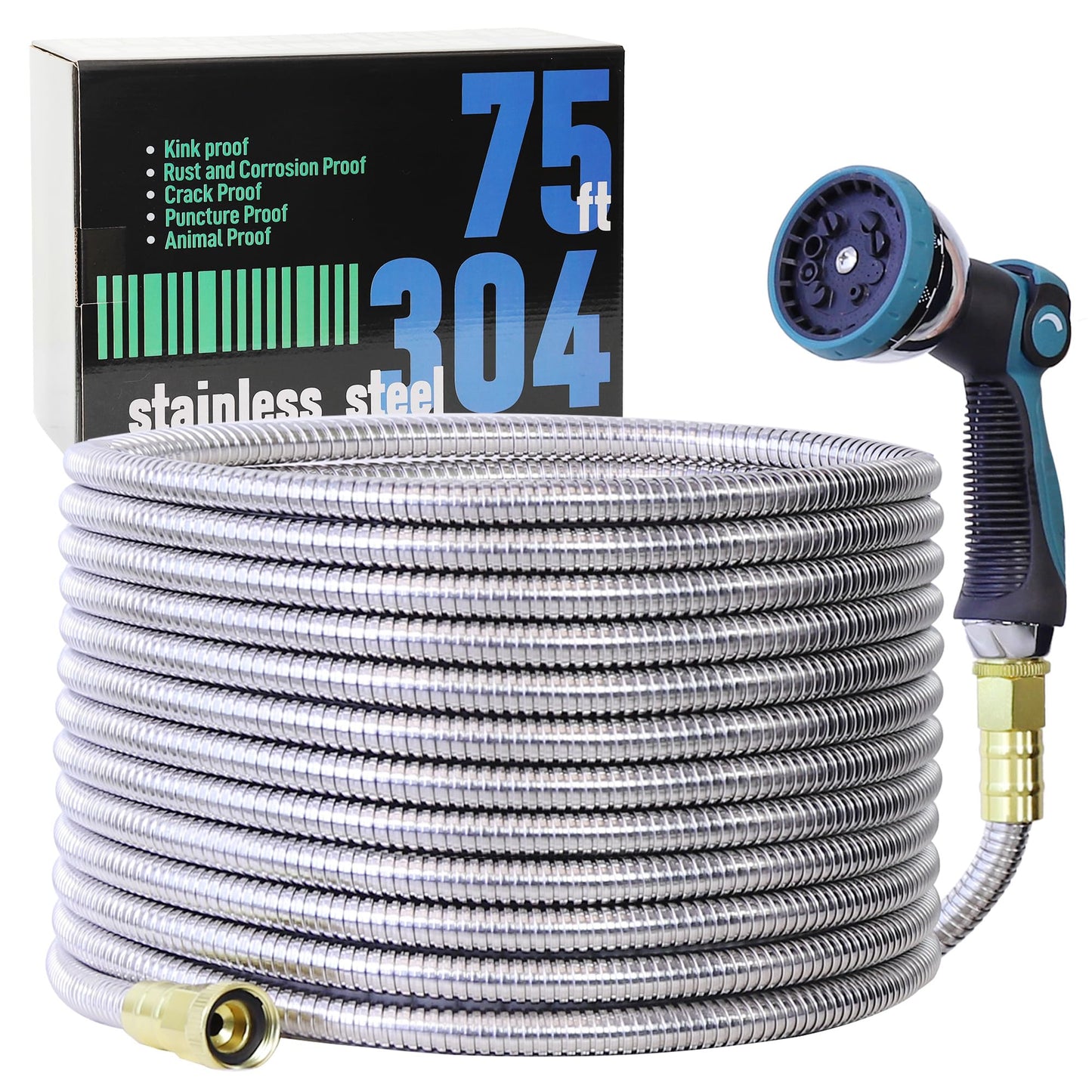 75FT Garden Hose, 304 Stainless Steel Water Hose, Flexible with a 10-Mode Nozzle Sprayer, No Kink, Lightweight, Puncture Proof, Ideal for Yard, Lawn, Outdoor, 5/8'' Outside Diameter