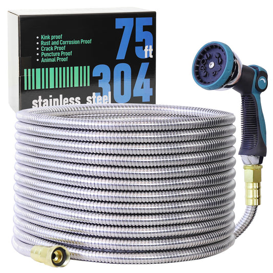 75FT Garden Hose, 304 Stainless Steel Water Hose, Flexible with a 10-Mode Nozzle Sprayer, No Kink, Lightweight, Puncture Proof, Ideal for Yard, Lawn, Outdoor, 5/8'' Outside Diameter