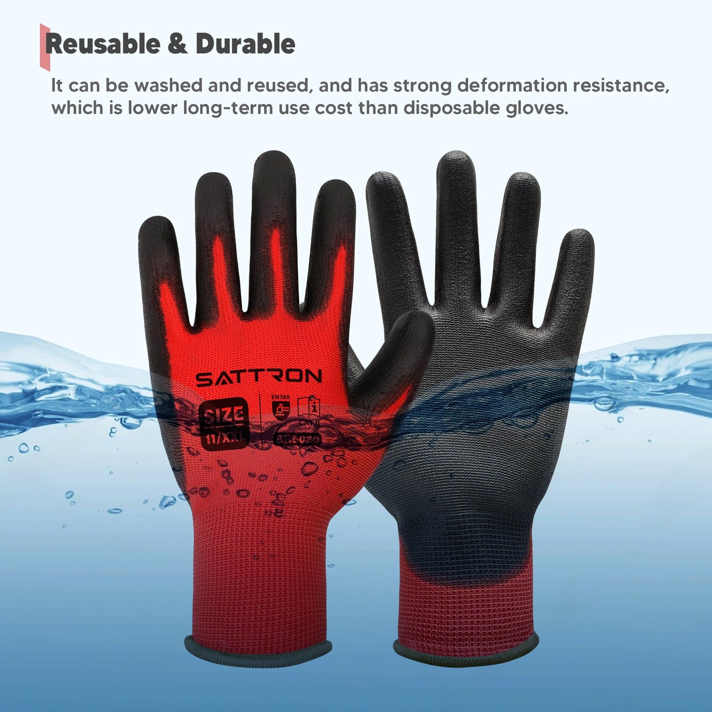 SATTRON Safety Work Gloves PU Coated, 12 Pairs Seamless Knit Gloves with Polyurethane Coating Working Gloves Excellent Grip for Men & Women, Breathable, Ideal for General Duty Work DIY (Red, Medium)