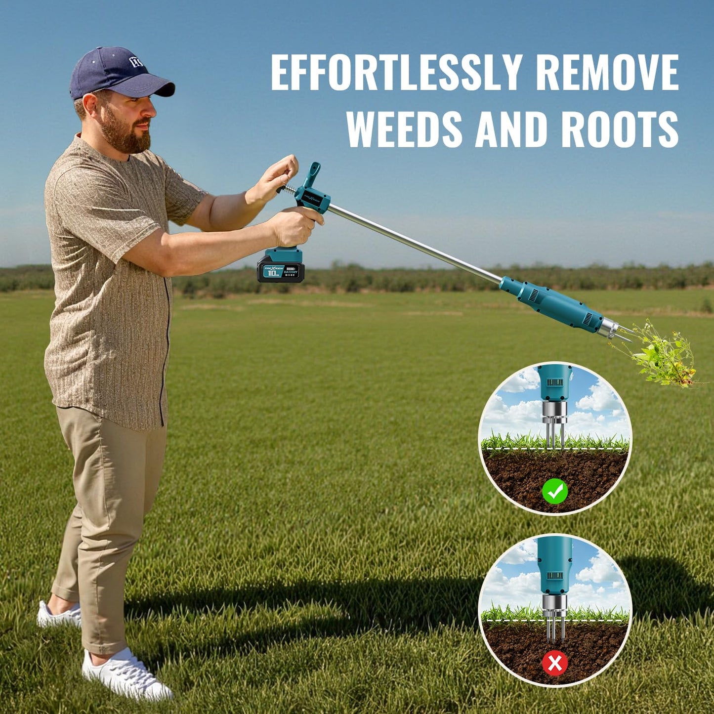 TREXEEN Weed Puller Tool,Electric Stand Up Weed Puller Tool, 21V Battery Powered w/ 2pcs 3000mAh,Heavy Duty 3-Claw Steel Root Weeder,for Dandelion Lawn Garden Yard