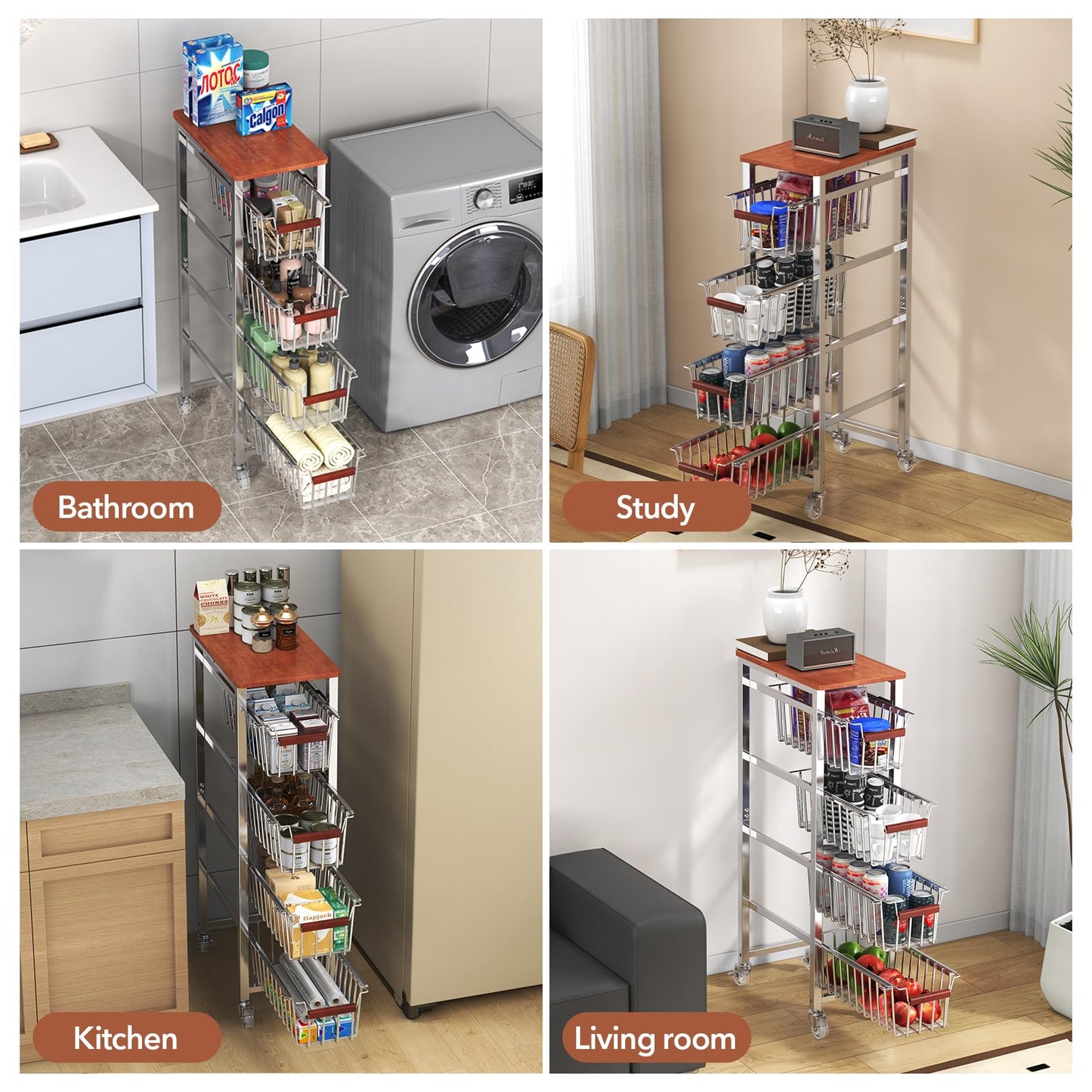 Ultra Slim 5-Tier Rolling Fruit & Vegetable Storage Cart with Removable Drawers, Narrow Metal Kitchen Organizer Cart on Wheels, Fruit Basket Stand & Fruteros para Cocina, Pantry Cart for Storage